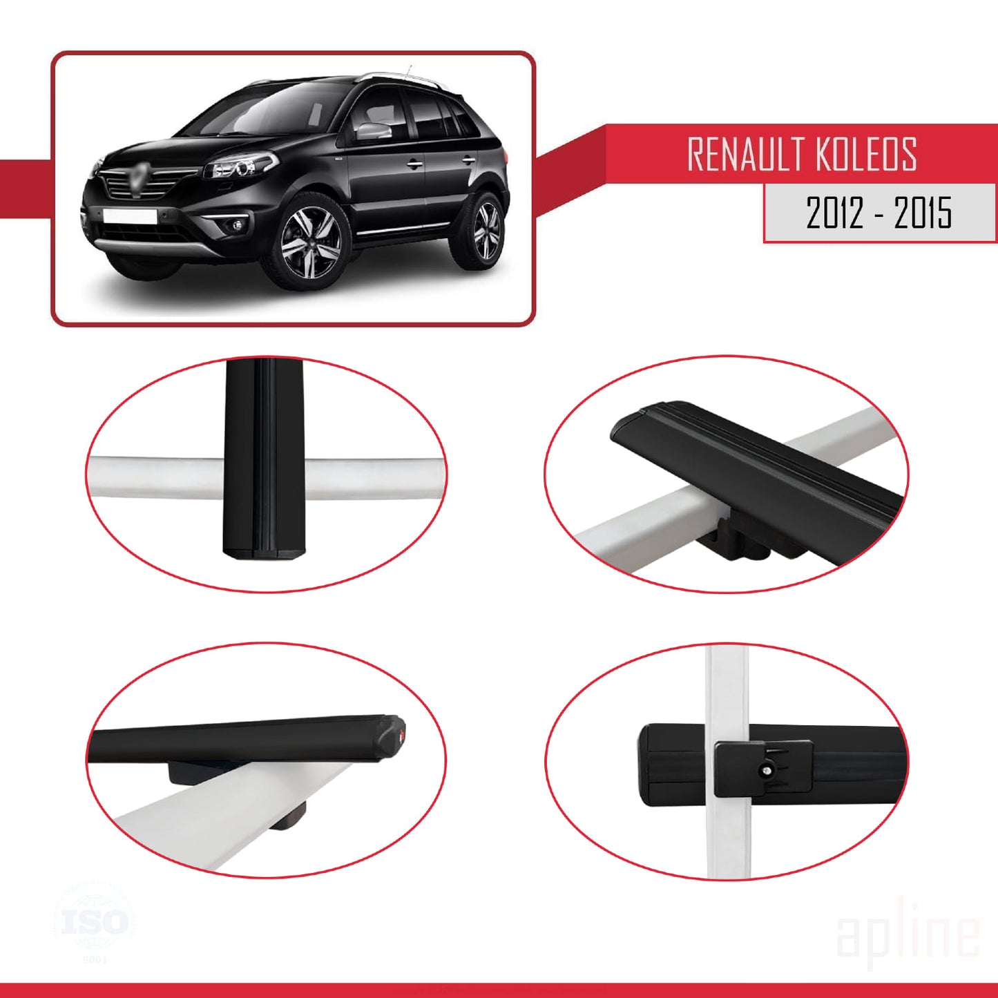 Compatible avec Renault Koleos (HY) Post-Facelift 2012-2015 BASIC Model Barres de Toit Railing Porte-Bagages de Voiture Noir Aluminium 2 Barres