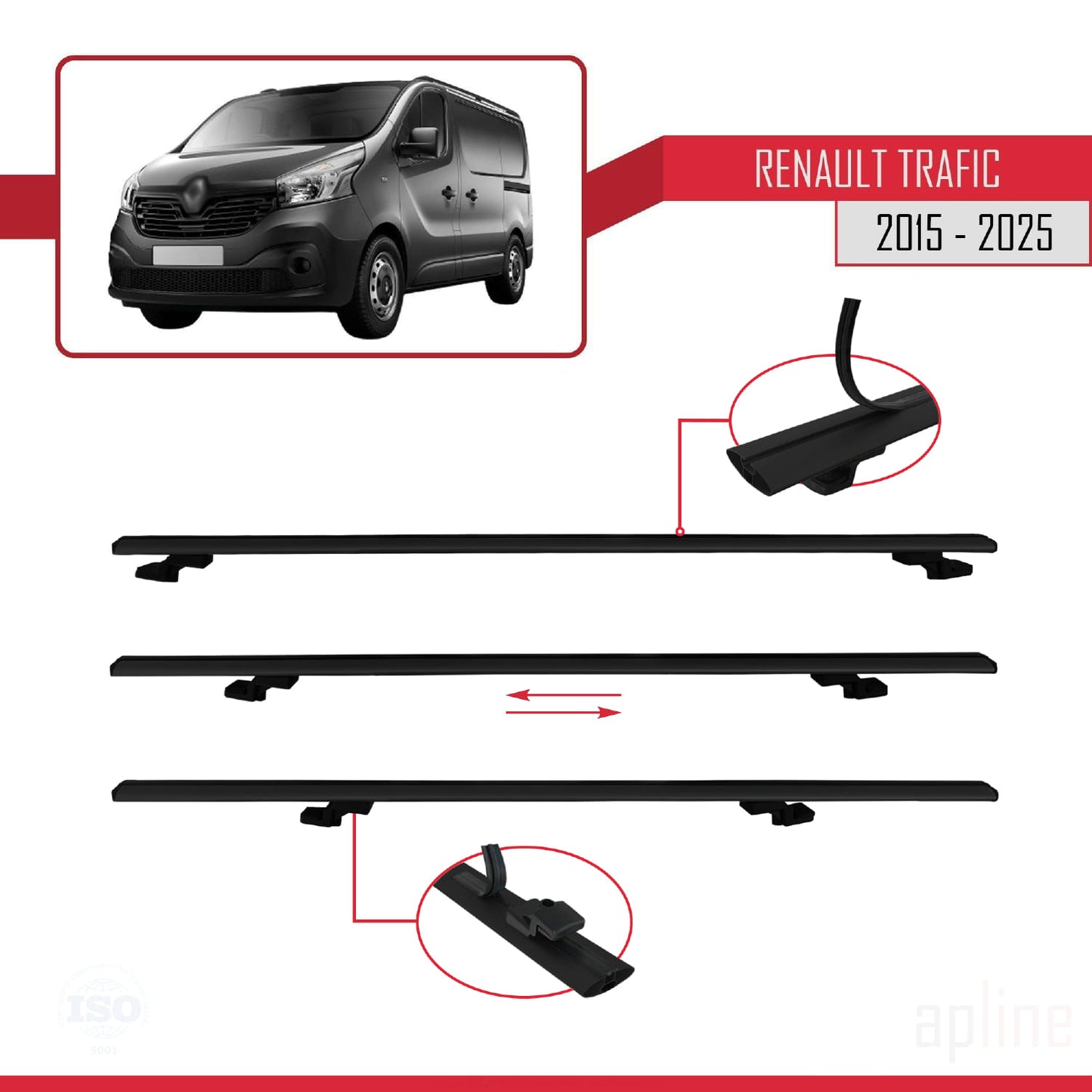 Compatible avec Renault Trafic 3 (X82) 2015-2025 BASIC Model Barres de Toit Railing Porte-Bagages de Voiture Noir Aluminium 4 Barres