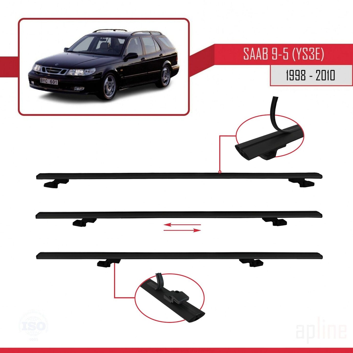 Compatible avec Saab 9-5 (YS3E) Break 1998-2010 BASIC Model Barres de Toit Railing Porte-Bagages de Voiture Noir Aluminium 2 Barres