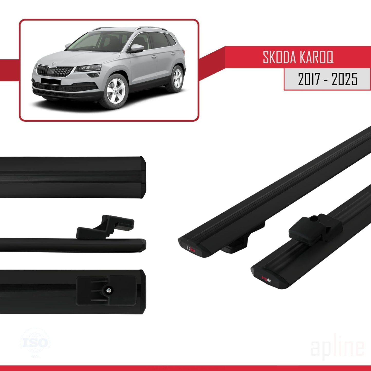 Compatible with Skoda Karoq 2017-2025 BASIC Model Car Roof Rack Cross Bar Black Aluminium 2 Bars