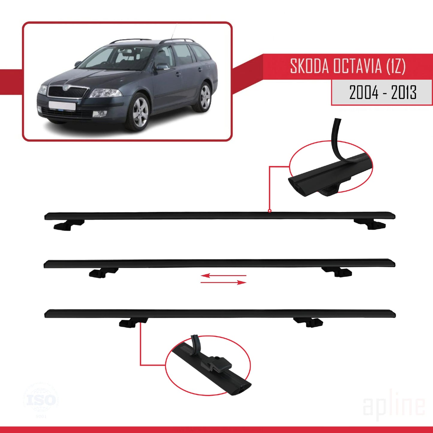 Compatible with Skoda Octavia 2 (1Z) 2004-2013 BASIC Model Car Roof Rack Cross Bar Black Aluminium 2 Bars