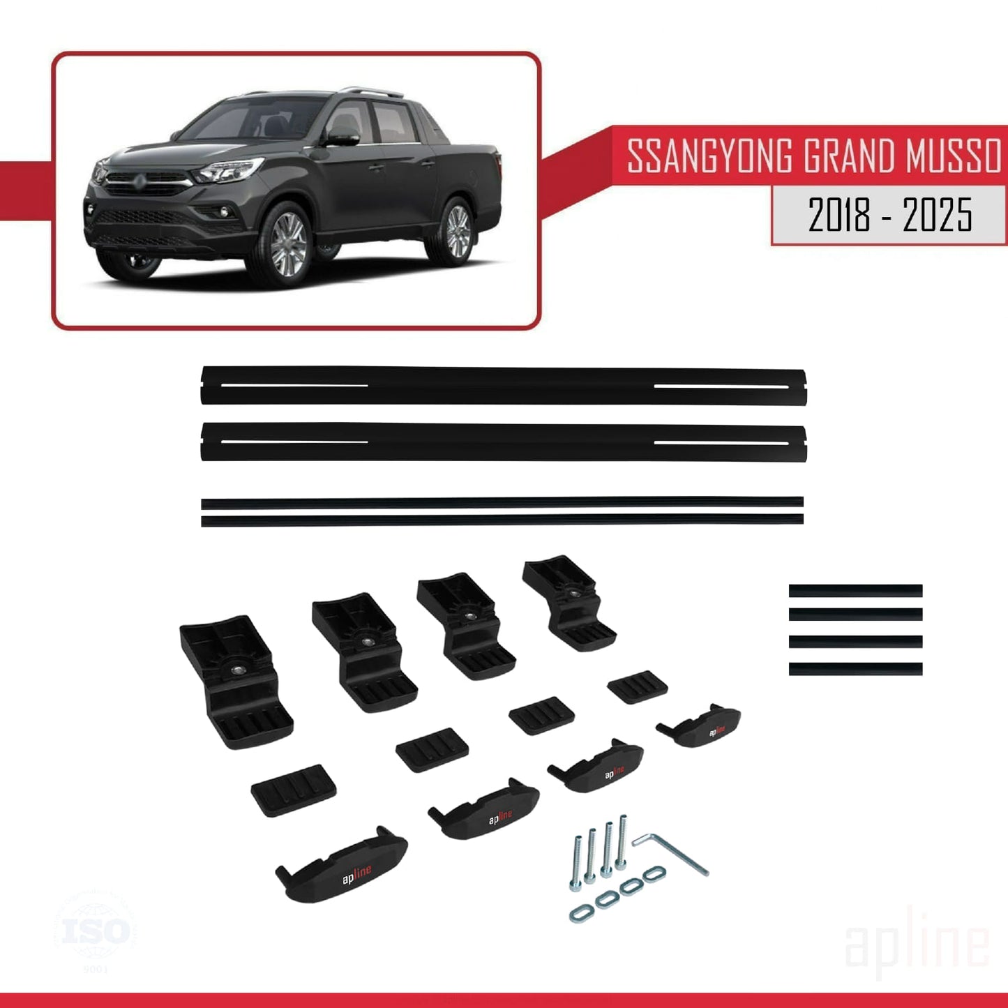 Compatible avec Ssangyong Grand Musso 2018-2025 BASIC Model Barres de Toit Railing Porte-Bagages de Voiture Noir Aluminium 2 Barres