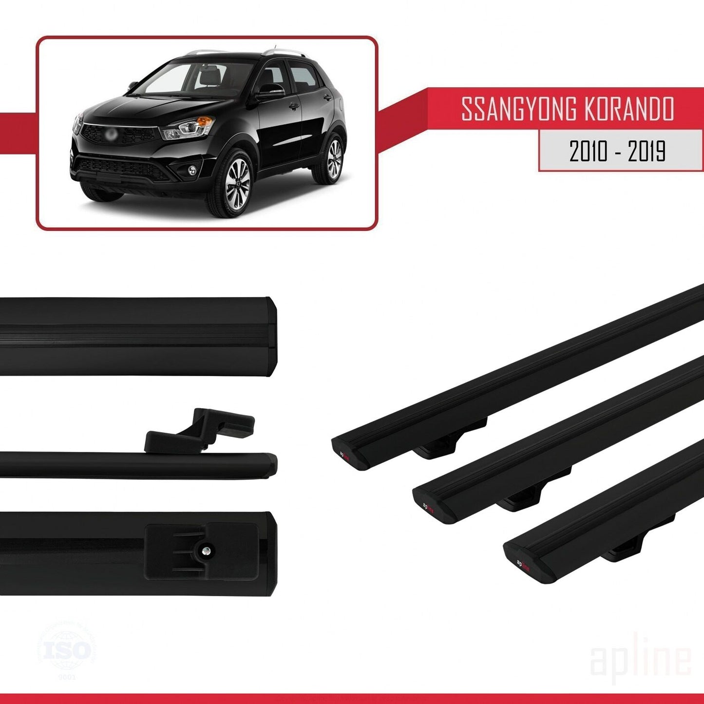 Compatible avec Ssangyong Korando 3 (C200) 2010-2019 BASIC Model Barres de Toit Railing Porte-Bagages de Voiture Noir Aluminium 3 Barres