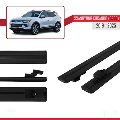 Compatible avec Ssangyong Korando 4 (C300) 2019-2025 BASIC Model Barres de Toit Railing Porte-Bagages de Voiture Noir Aluminium 2 Barres