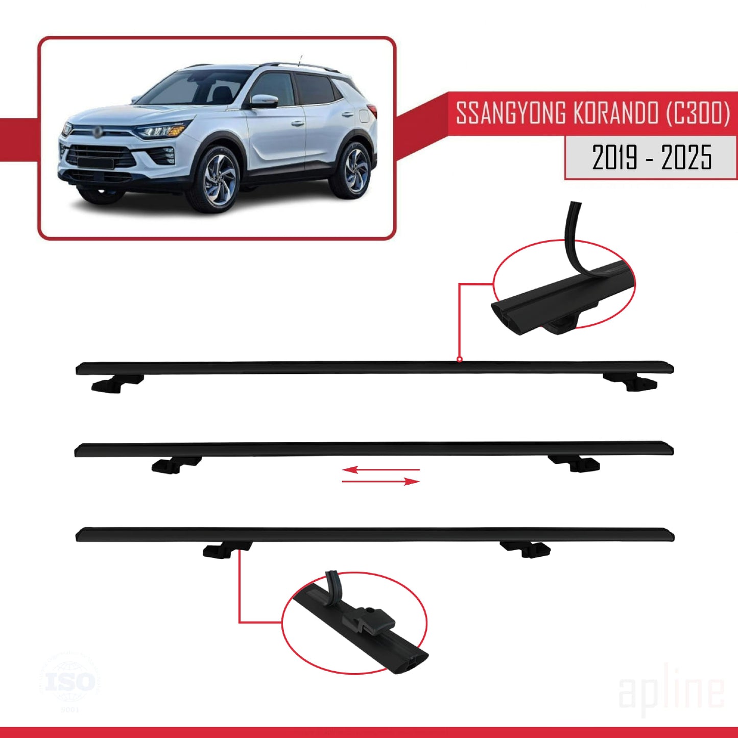 Compatible avec Ssangyong Korando 4 (C300) 2019-2025 BASIC Model Barres de Toit Railing Porte-Bagages de Voiture Noir Aluminium 2 Barres