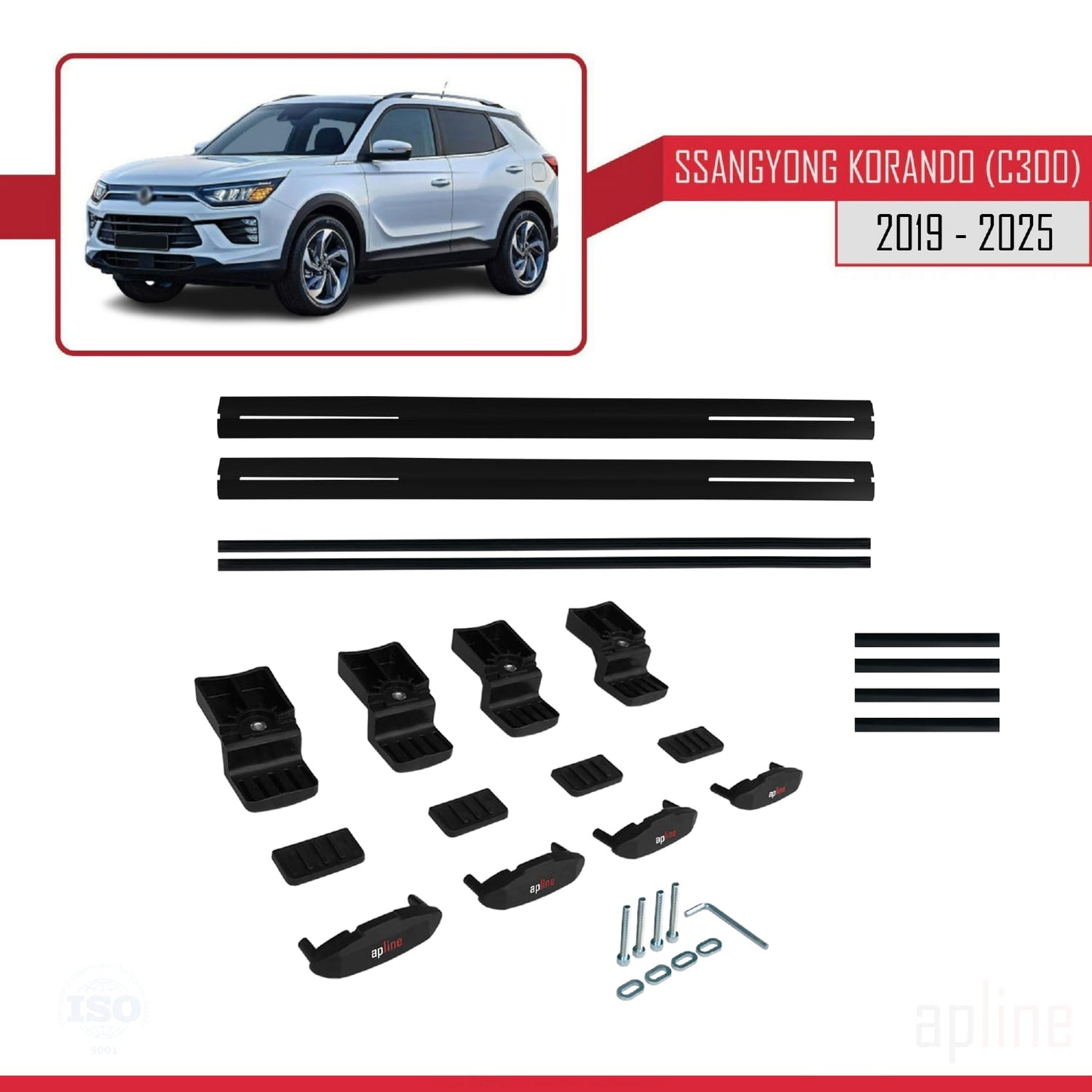 Compatible avec Ssangyong Korando 4 (C300) 2019-2025 BASIC Model Barres de Toit Railing Porte-Bagages de Voiture Noir Aluminium 2 Barres