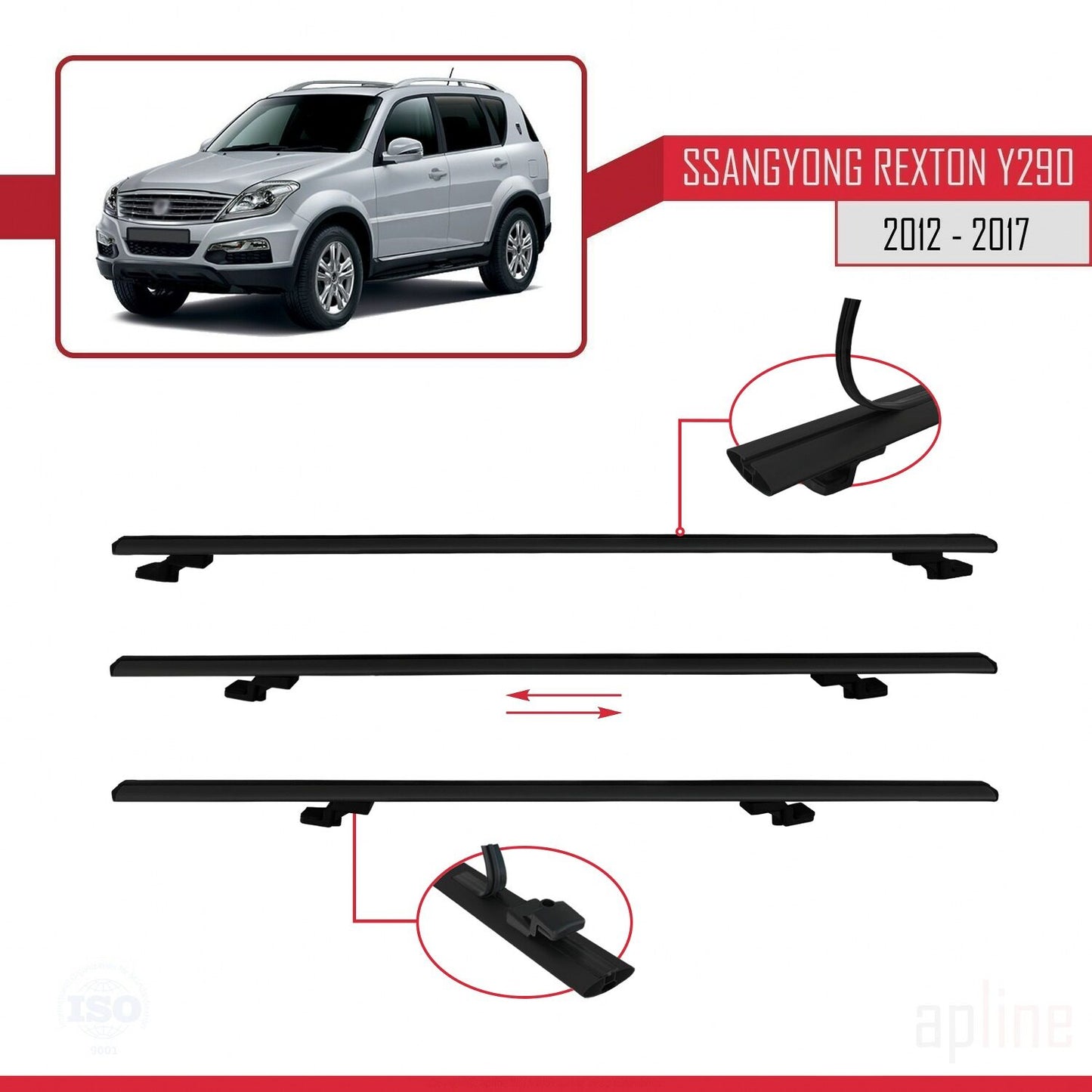 Compatible with Ssangyong Rexton (Y290) 2012-2017 BASIC Model Car Roof Rack Cross Bar Black Aluminium 3 Bars