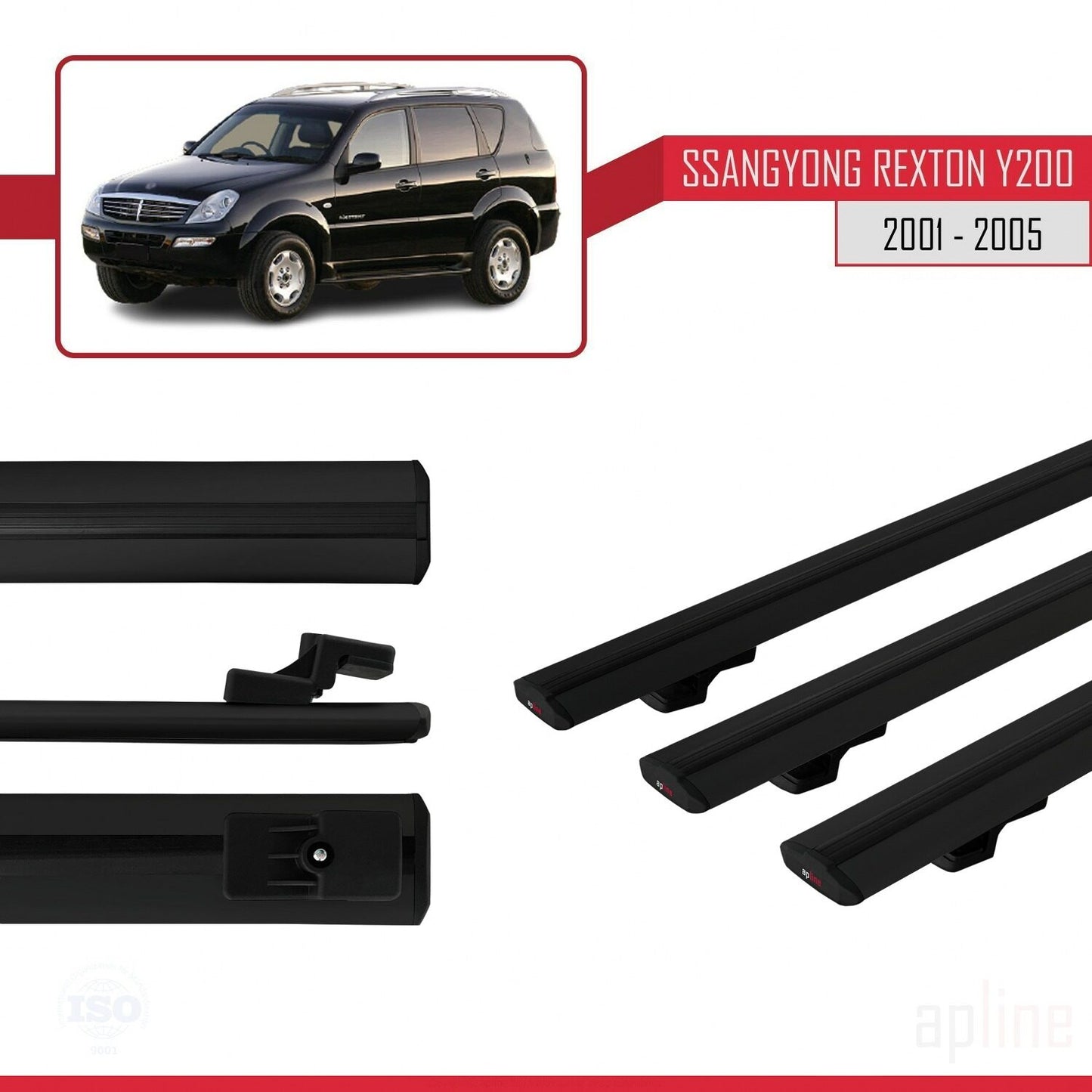 Compatible with Ssangyong Rexton (Y200) 2001-2005 BASIC Model Car Roof Rack Cross Bar Black Aluminium 3 Bars