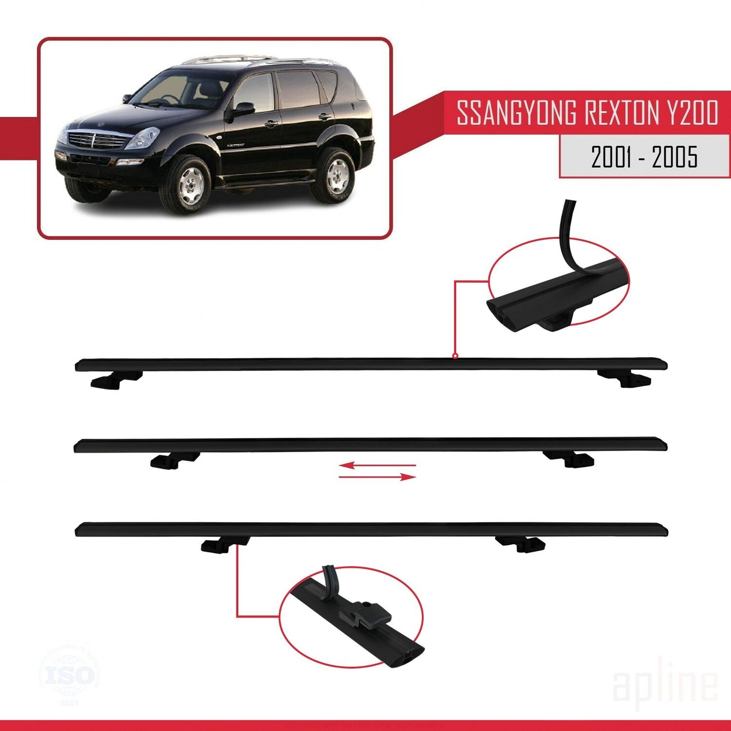 Compatible with Ssangyong Rexton (Y200) 2001-2005 BASIC Model Car Roof Rack Cross Bar Black Aluminium 3 Bars