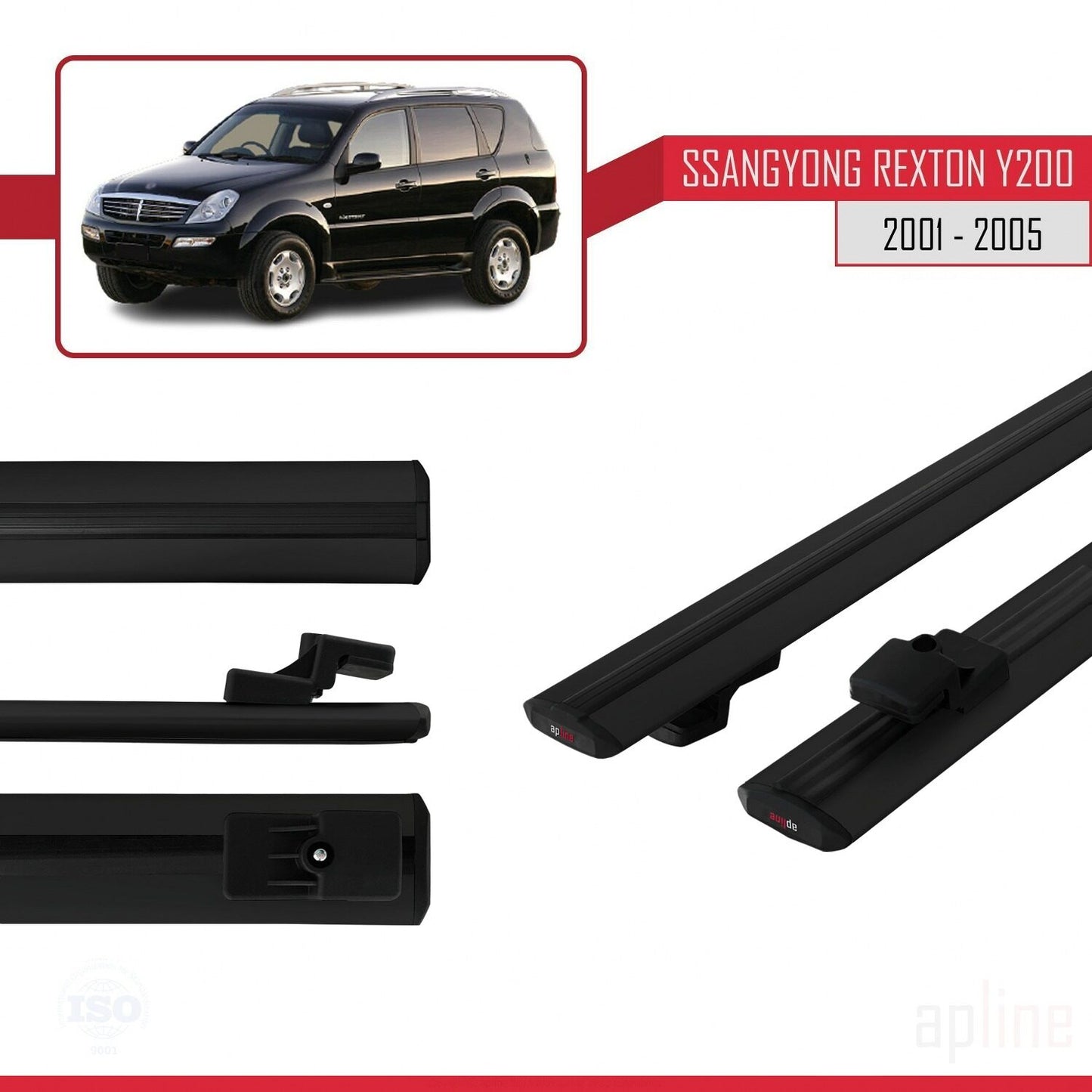 Compatible with Ssangyong Rexton (Y200) 2001-2005 BASIC Model Car Roof Rack Cross Bar Black Aluminium 2 Bars