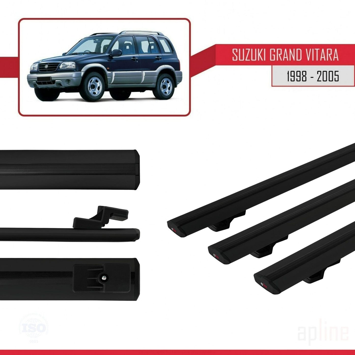 Compatible avec Suzuki Grand Vitara (FT) 1998-2005 BASIC Model Barres de Toit Railing Porte-Bagages de Voiture Noir Aluminium 3 Barres