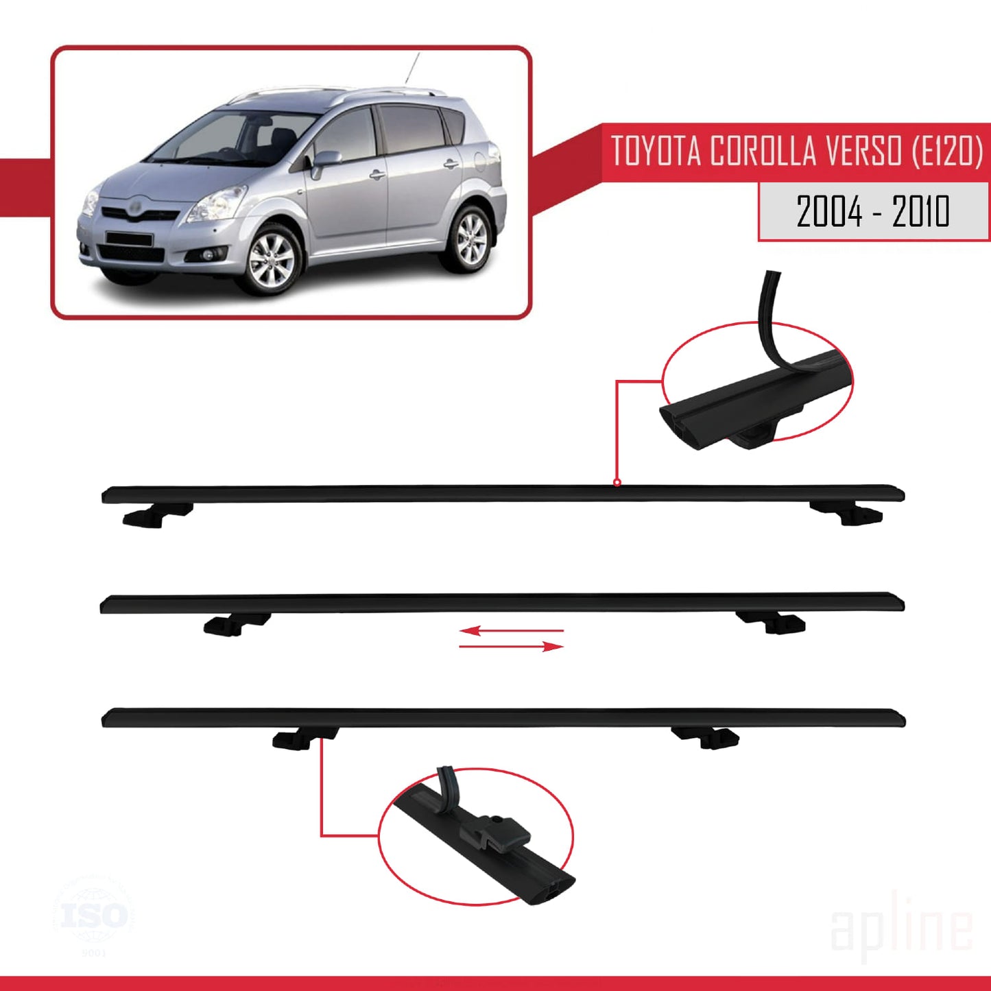 Compatible avec Toyota Corolla Verso 2 (AR10) 2004-2010 BASIC Model Barres de Toit Railing Porte-Bagages de Voiture Noir Aluminium 2 Barres
