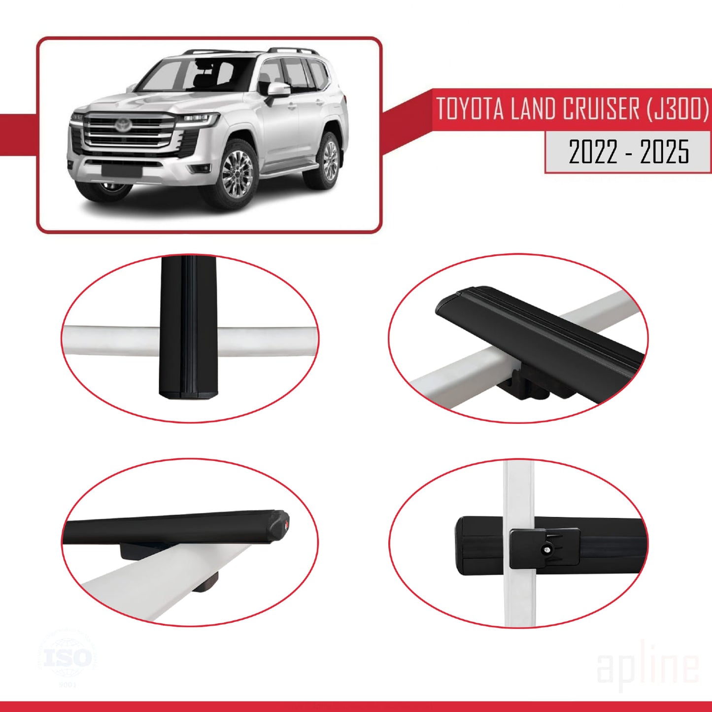 Compatible avec Toyota Land Cruiser (J300) 2022-2025 BASIC Model Barres de Toit Railing Porte-Bagages de Voiture Noir Aluminium 3 Barres