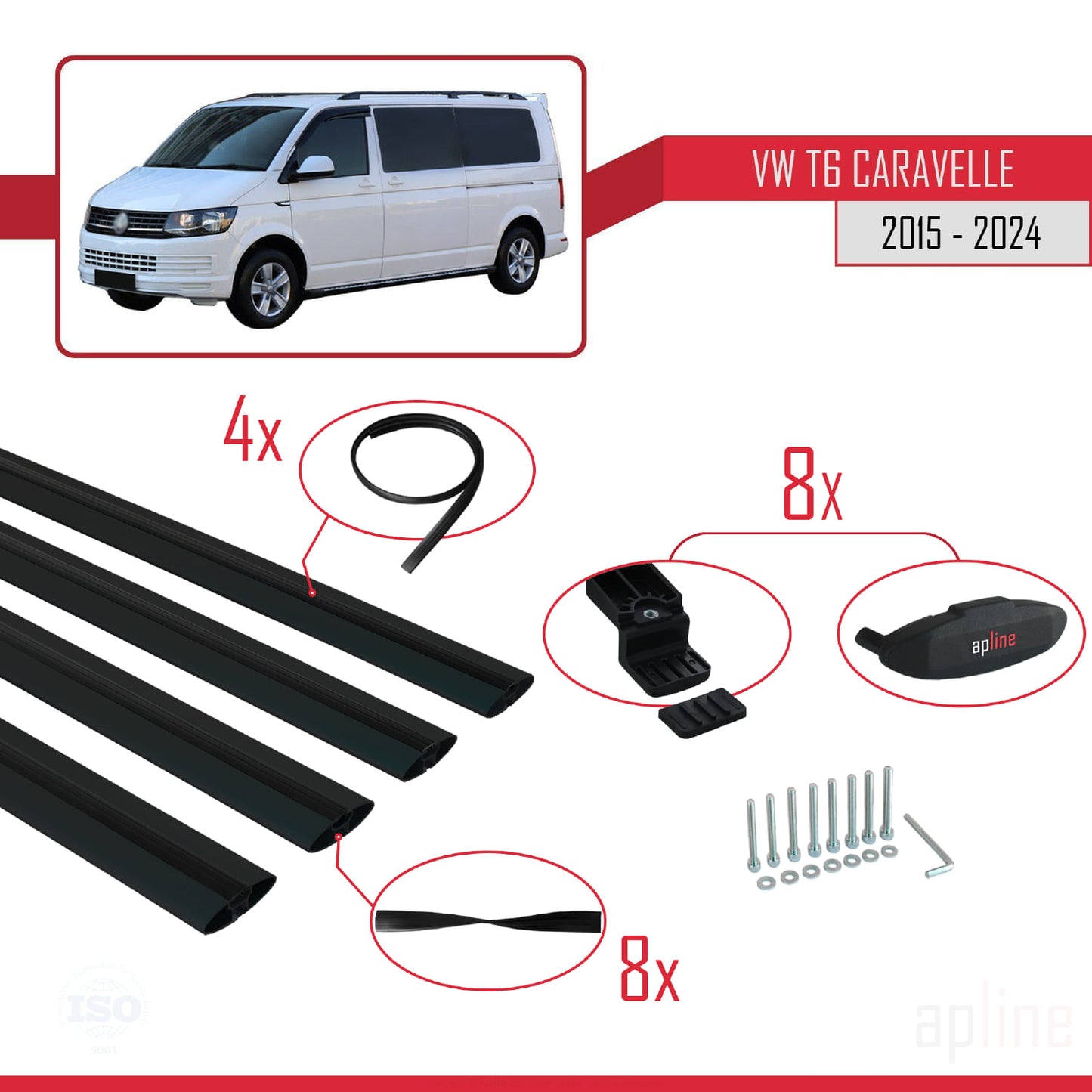 Compatible avec Volkswagen T6 Caravelle 2015-2024 BASIC Model Barres de Toit Railing Porte-Bagages de Voiture Noir Aluminium 4 Barres