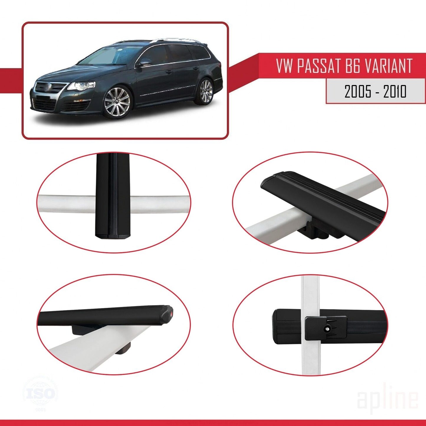 Compatible avec Volkswagen Passat B6 (3C) Variant 2005-2010 BASIC Model Barres de Toit Railing Porte-Bagages de Voiture Noir Aluminium 3 Barres