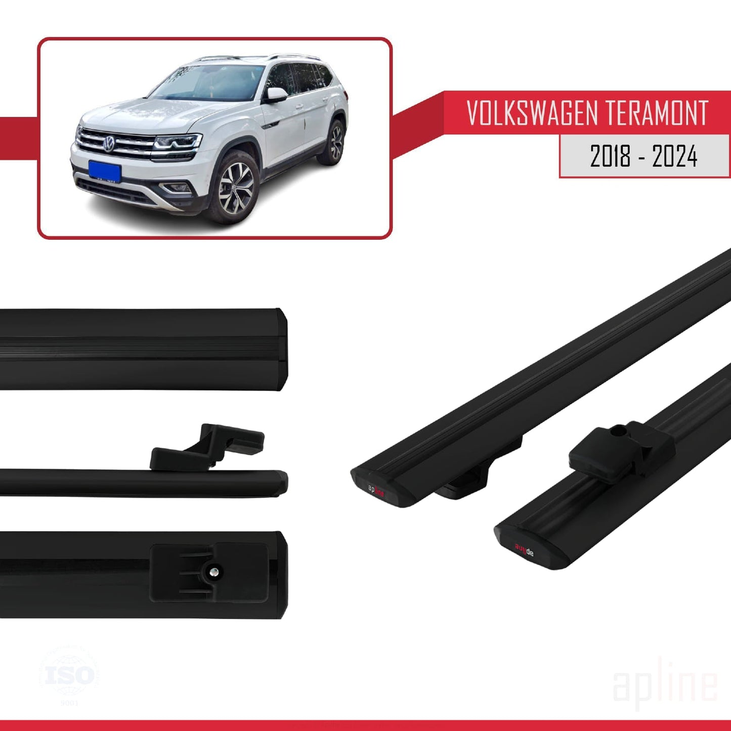 Compatible avec Volkswagen Teramont (CA1) 2018-2024 BASIC Model Barres de Toit Railing Porte-Bagages de Voiture Noir Aluminium 2 Barres