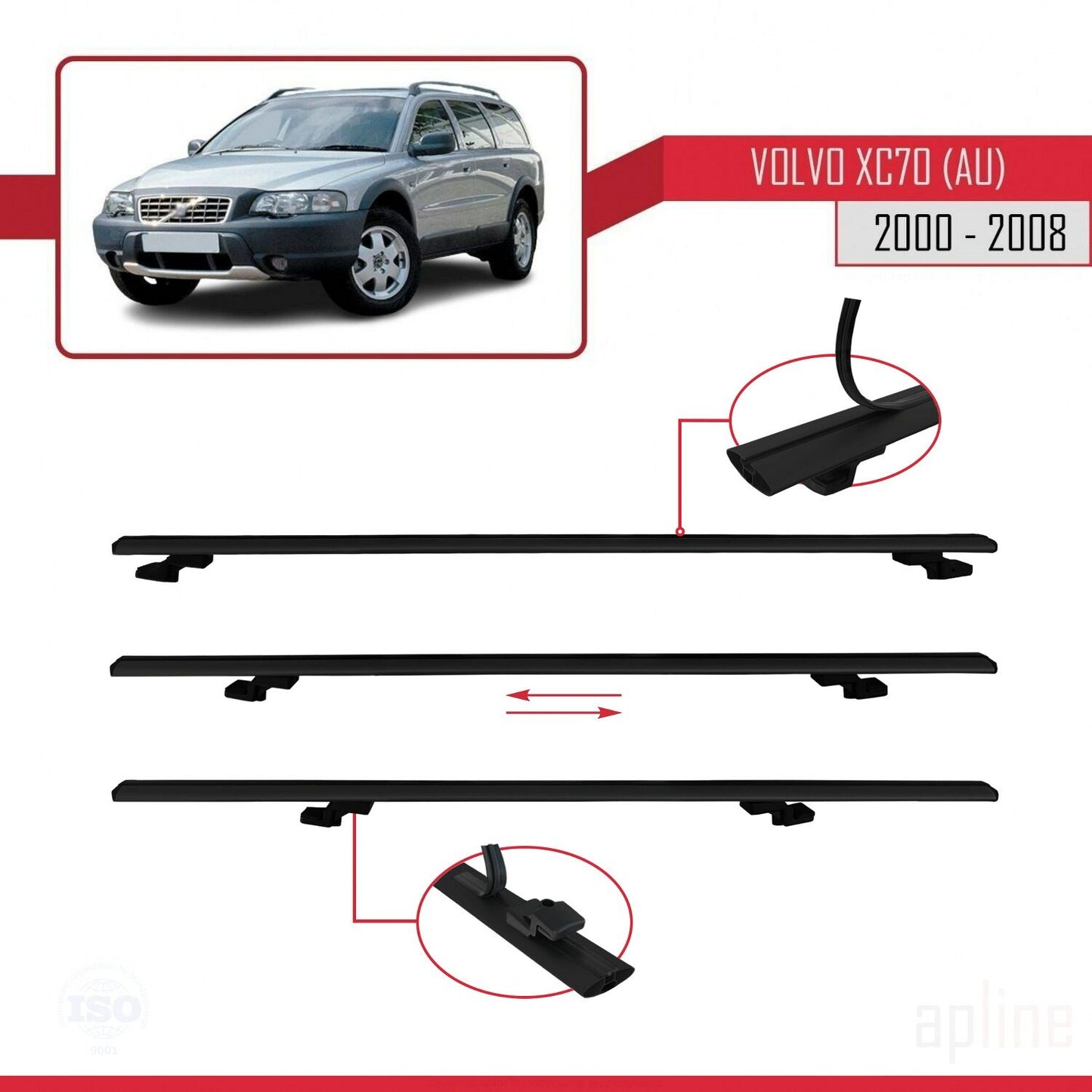 Compatible avec Volvo XC70 (P2) 2000-2007 BASIC Model Barres de Toit Railing Porte-Bagages de Voiture Noir Aluminium 3 Barres