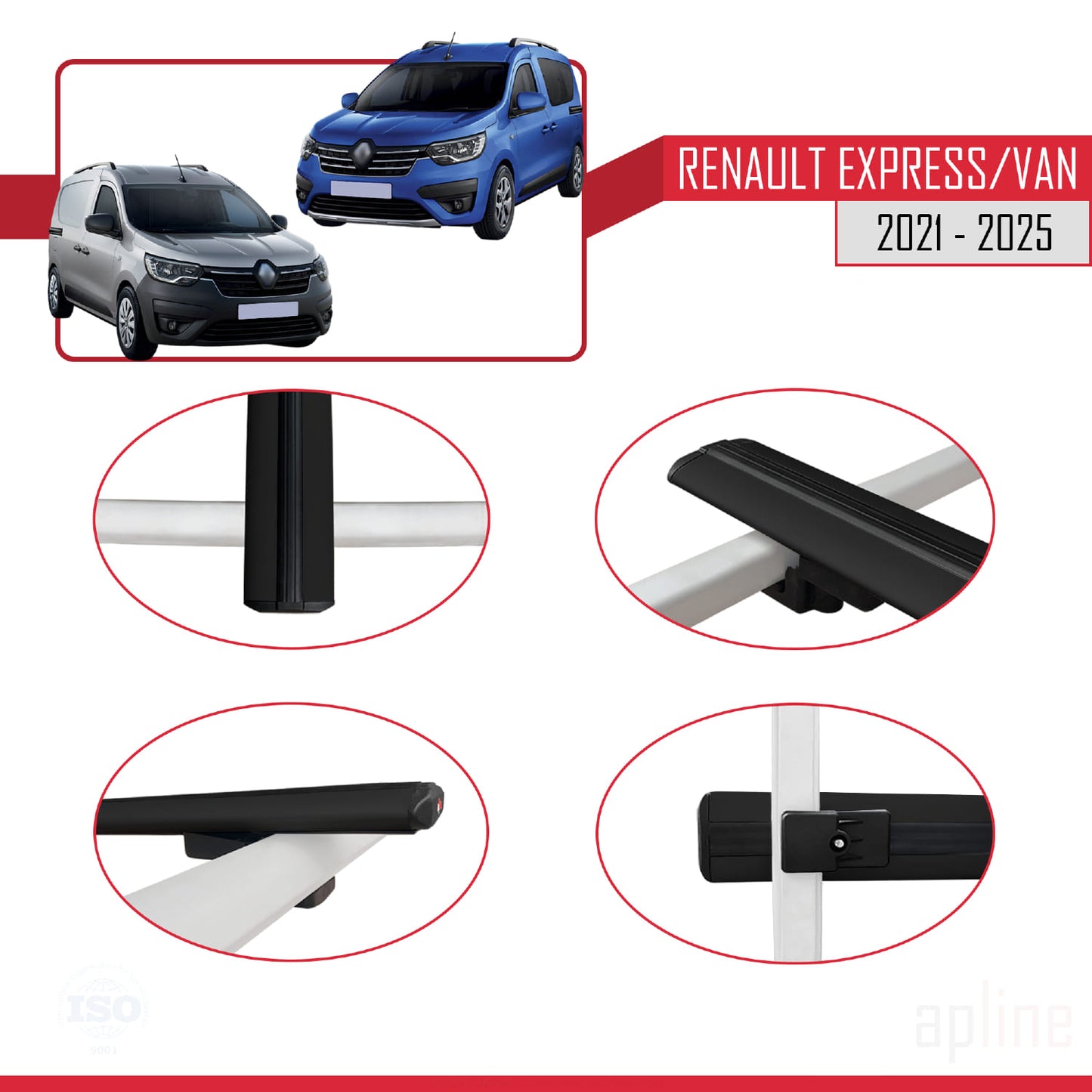 Compatible avec Renault Express 2021-2025 BASIC Model Barres de Toit Railing Porte-Bagages de Voiture Noir Aluminium 3 Barres
