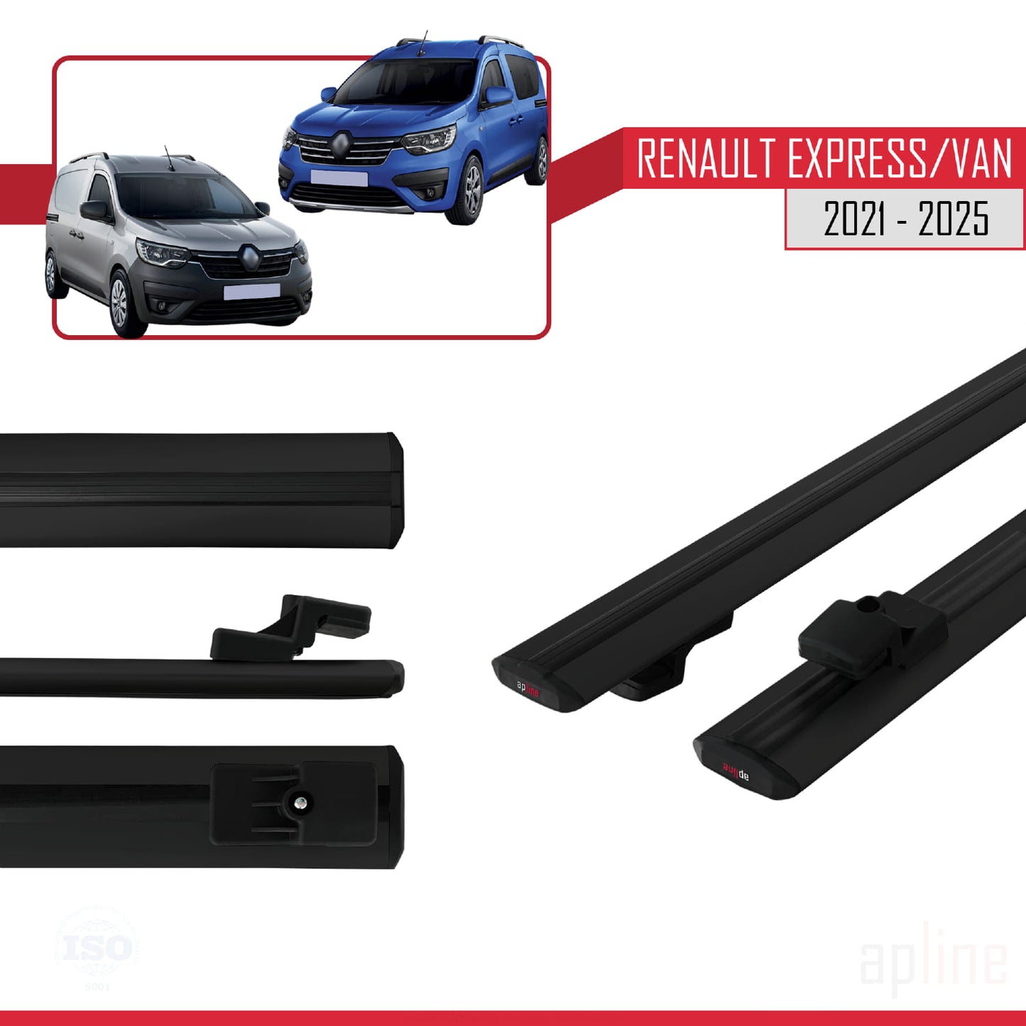 Compatible avec Renault Express 2021-2025 BASIC Model Barres de Toit Railing Porte-Bagages de Voiture Noir Aluminium 2 Barres