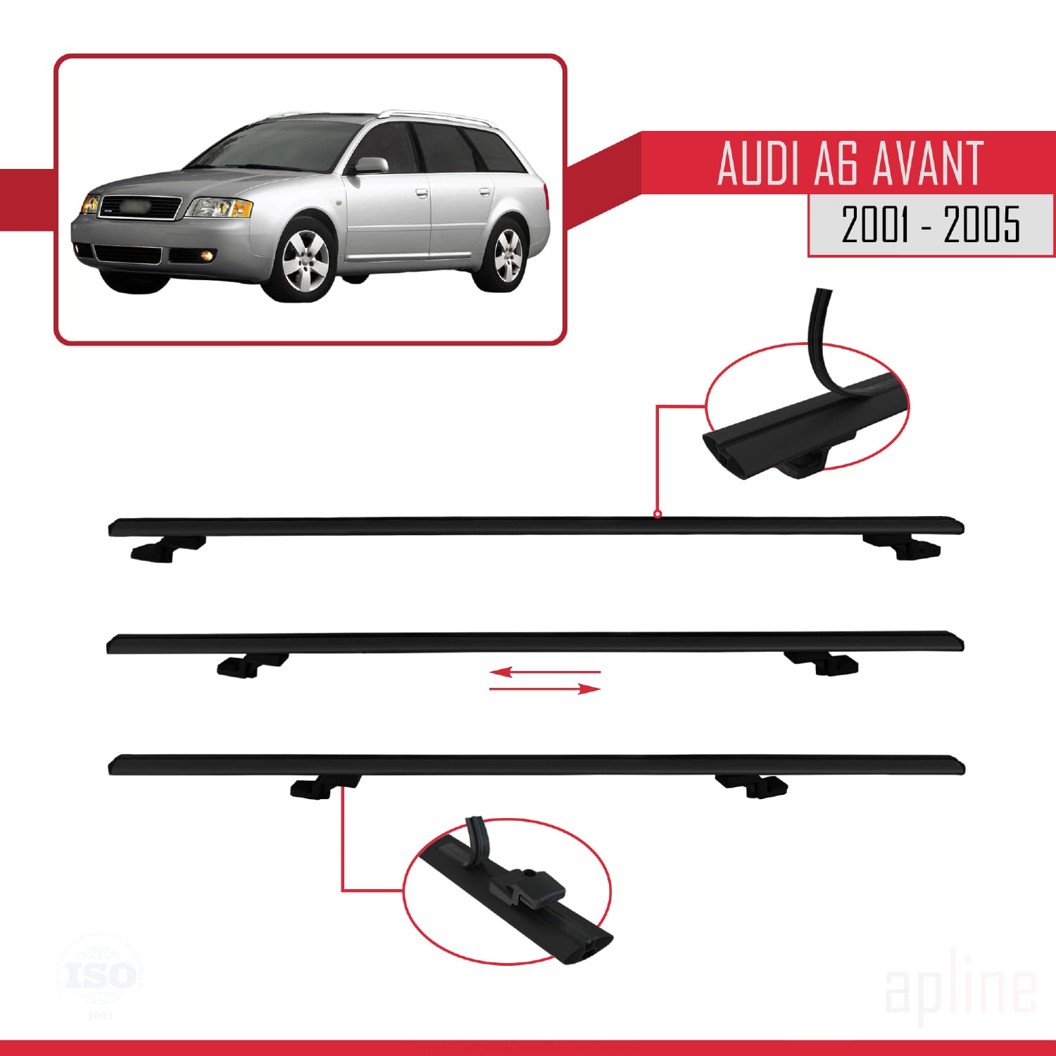 Compatible avec Audi A6 Avant 2001-2005 BASIC Model Barres de Toit Railing Porte-Bagages de Voiture Noir Aluminium 2 Barres