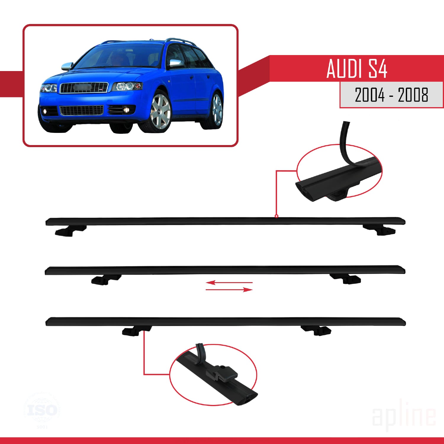 Compatible avec Audi S4 2004-2008 BASIC Model Barres de Toit Railing Porte-Bagages de Voiture Noir Aluminium 3 Barres
