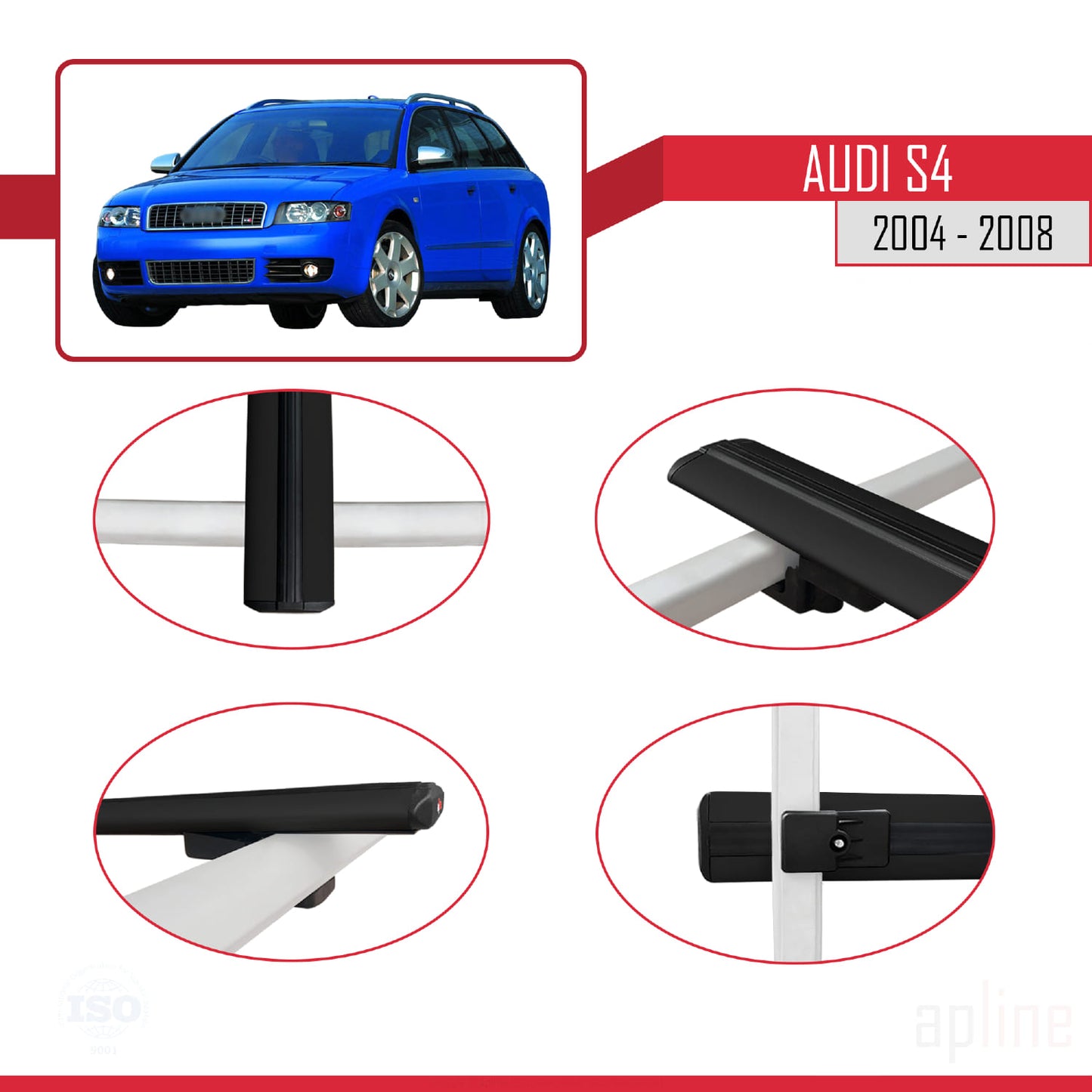 Compatible avec Audi S4 2004-2008 BASIC Model Barres de Toit Railing Porte-Bagages de Voiture Noir Aluminium 2 Barres