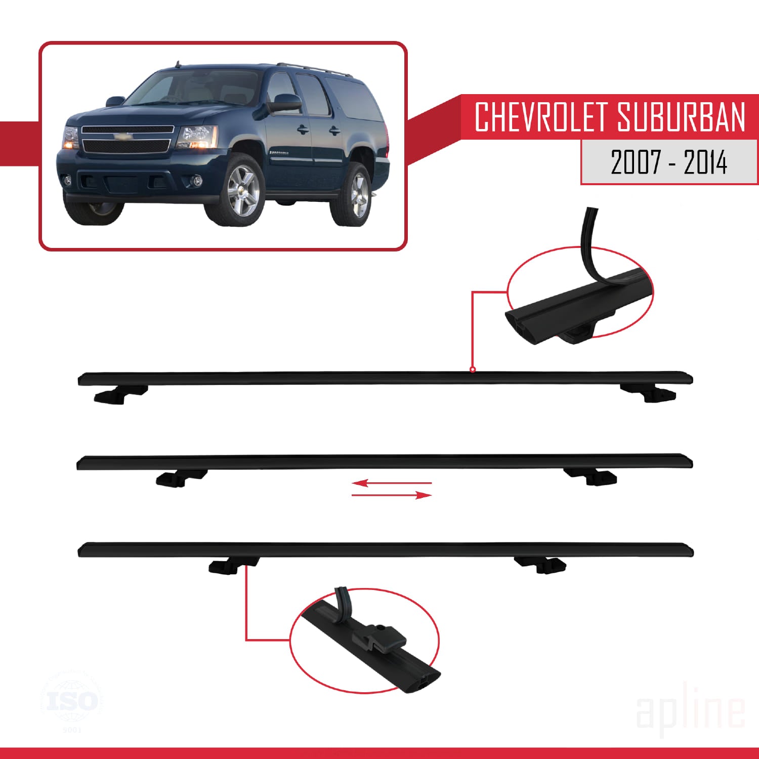 Compatible avec Chevrolet Suburban 2007-2014 BASIC Model Barres de Toit Railing Porte-Bagages de Voiture Noir Aluminium 3 Barres