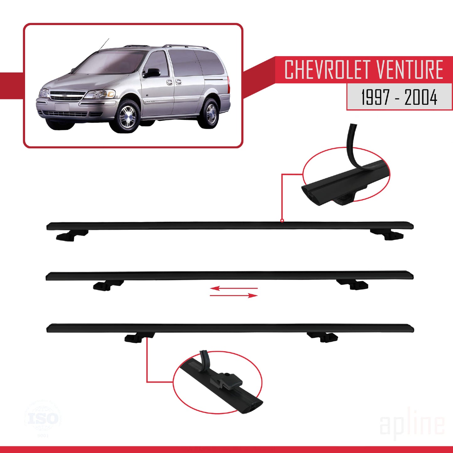 Compatible avec Chevrolet Venture 1997-2004 BASIC Model Barres de Toit Railing Porte-Bagages de Voiture Noir Aluminium 3 Barres
