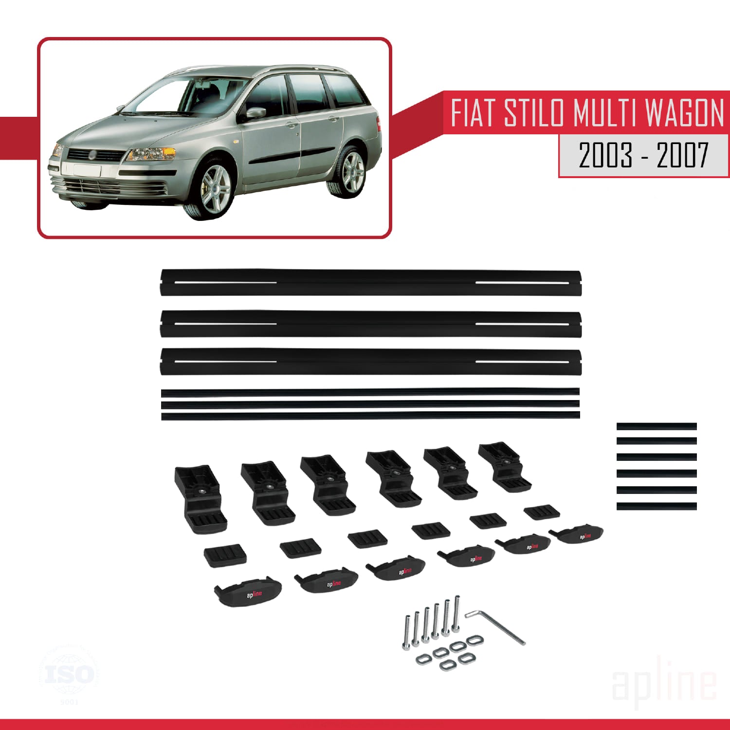 Compatible avec Fiat Stilo Multi Wagon 2003-2007 BASIC Model Barres de Toit Railing Porte-Bagages de Voiture Noir Aluminium 3 Barres