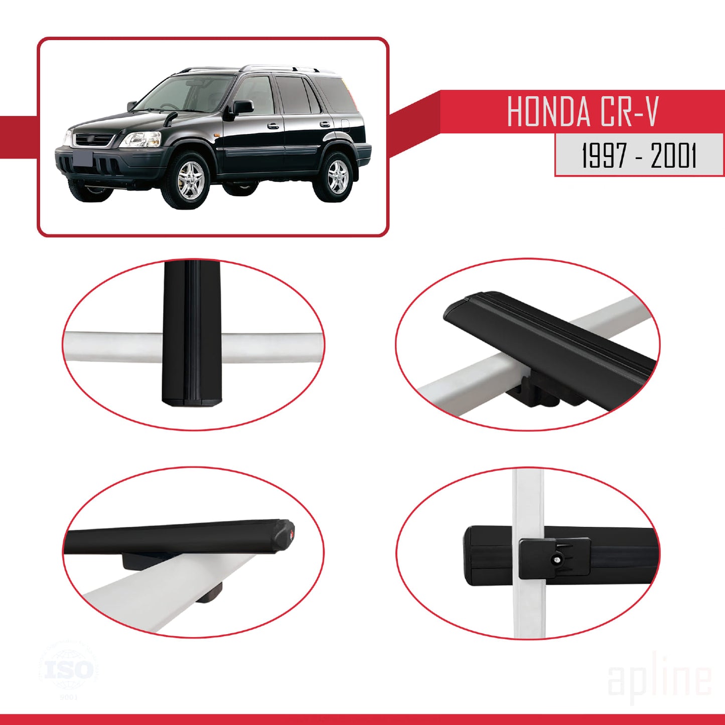 Compatible avec Honda CR-V 1997-2001 BASIC Model Barres de Toit Railing Porte-Bagages de Voiture Noir Aluminium 3 Barres