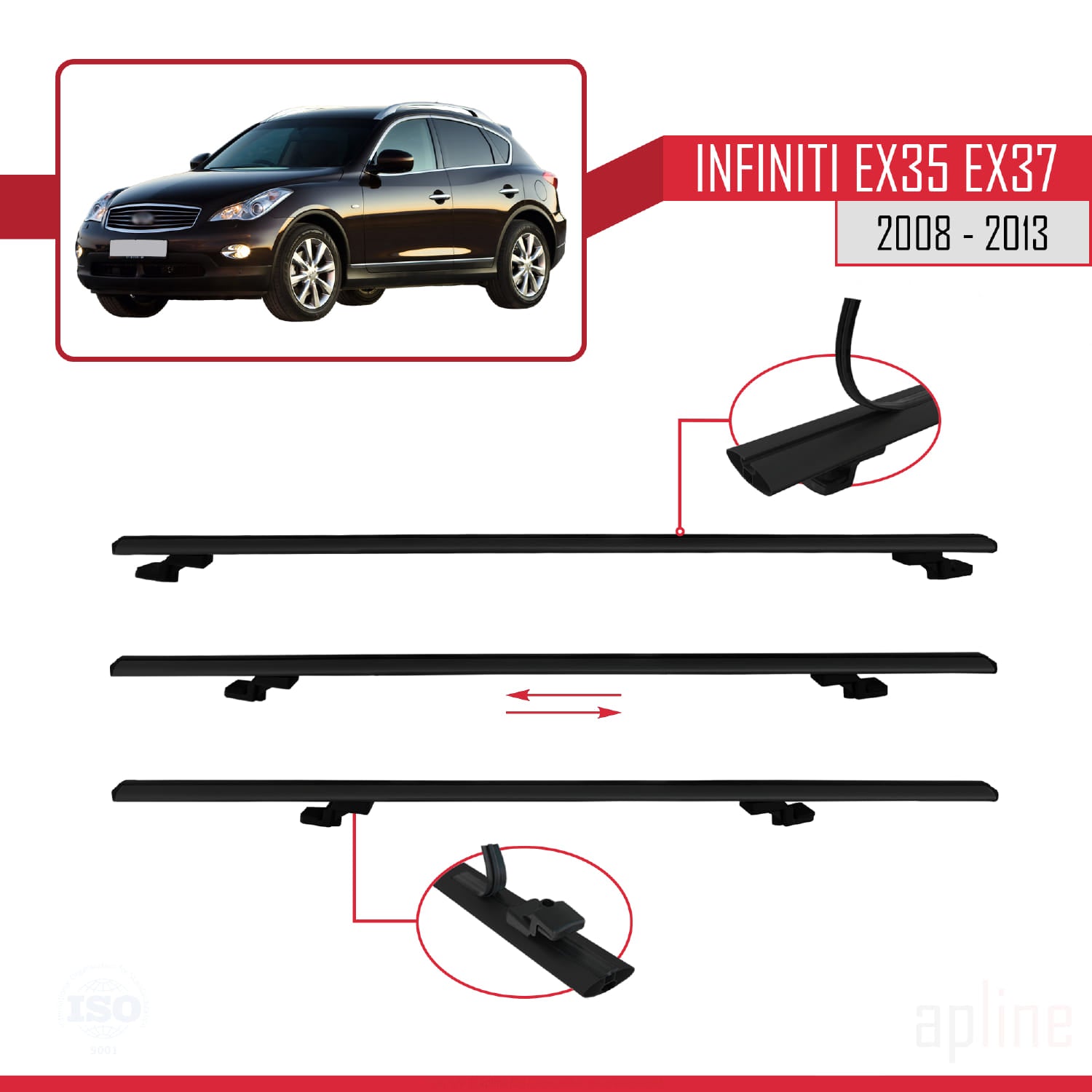 Compatible avec Infiniti EX35 EX37 2008-2013 BASIC Model Barres de Toit Railing Porte-Bagages de Voiture Noir Aluminium 2 Barres