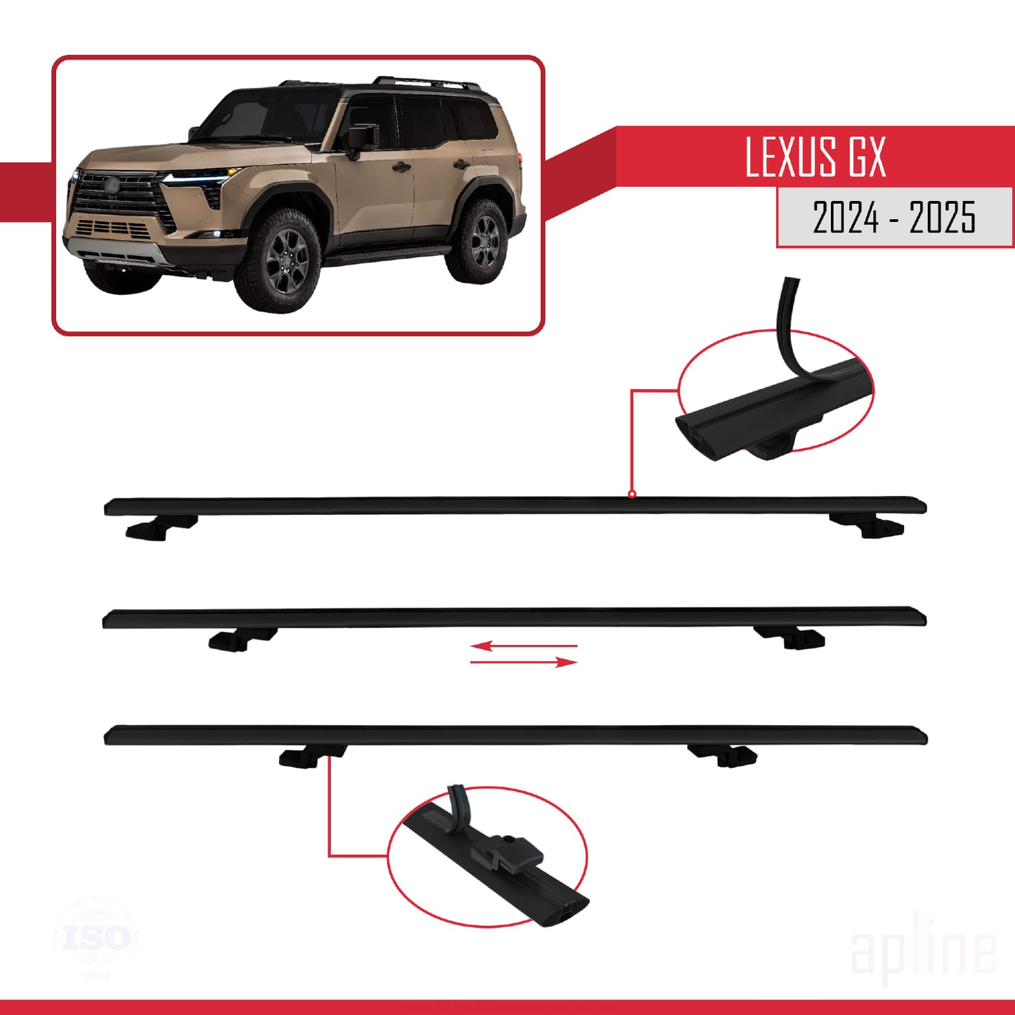 Compatible avec Lexus GX 2024-2025 BASIC Model Barres de Toit Railing Porte-Bagages de Voiture Noir Aluminium 3 Barres