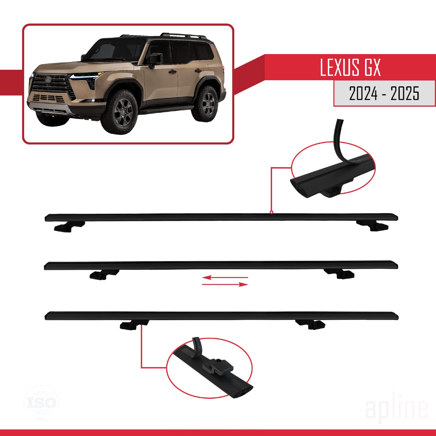 Compatible avec Lexus GX 2024-2025 BASIC Model Barres de Toit Railing Porte-Bagages de Voiture Noir Aluminium 2 Barres