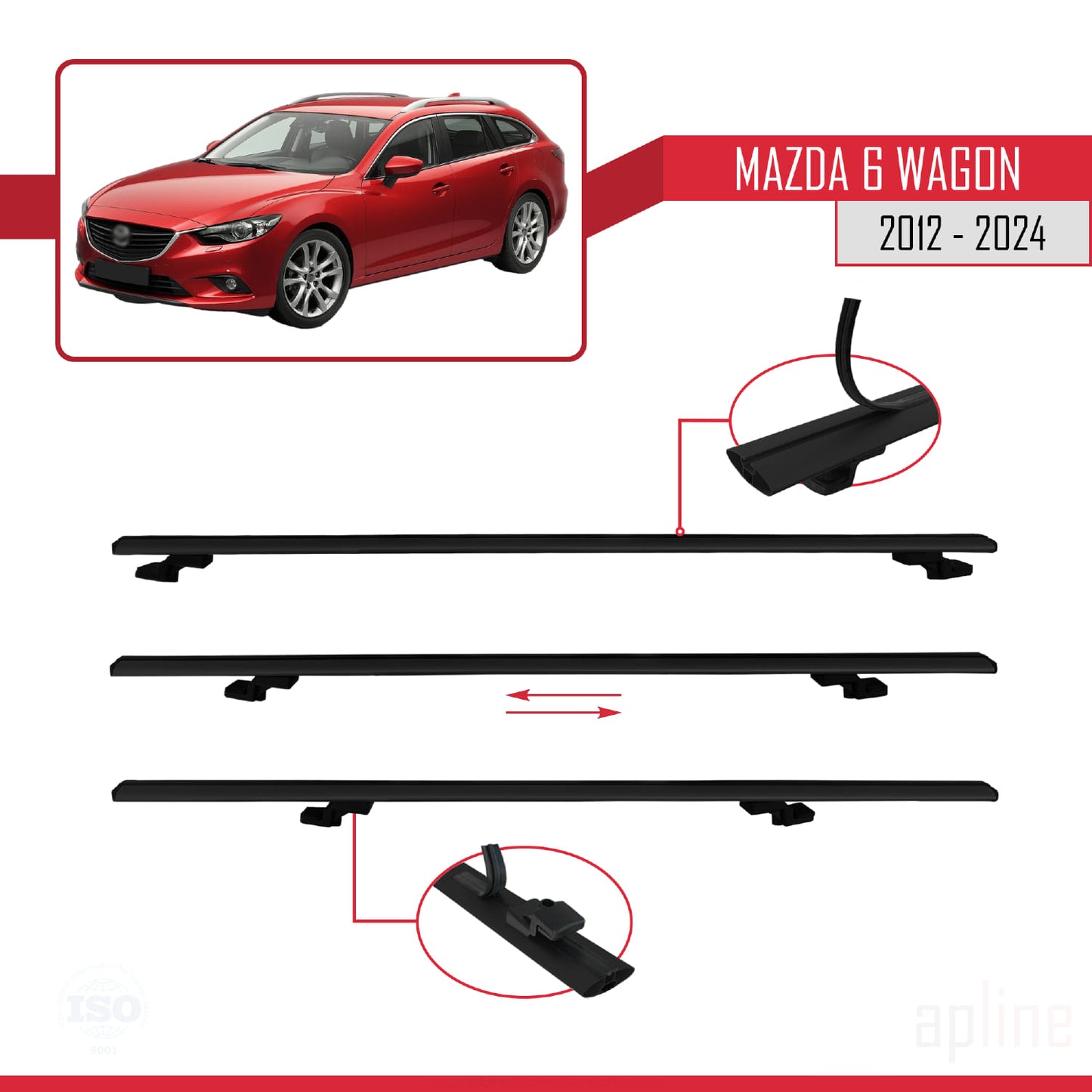 Compatible avec Mazda 6 Wagon 2012-2024 BASIC Model Barres de Toit Railing Porte-Bagages de Voiture Noir Aluminium 2 Barres