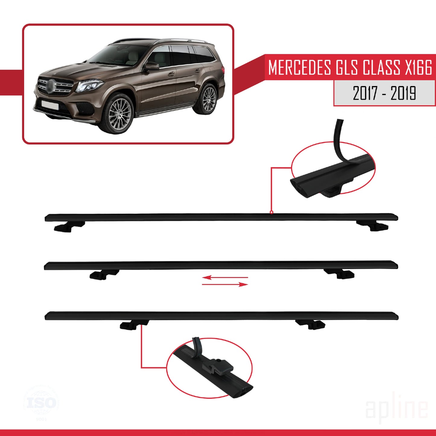 Compatible avec Mercedes GLS Class X166 2017-2019 BASIC Model Barres de Toit Railing Porte-Bagages de Voiture Noir Aluminium 3 Barres