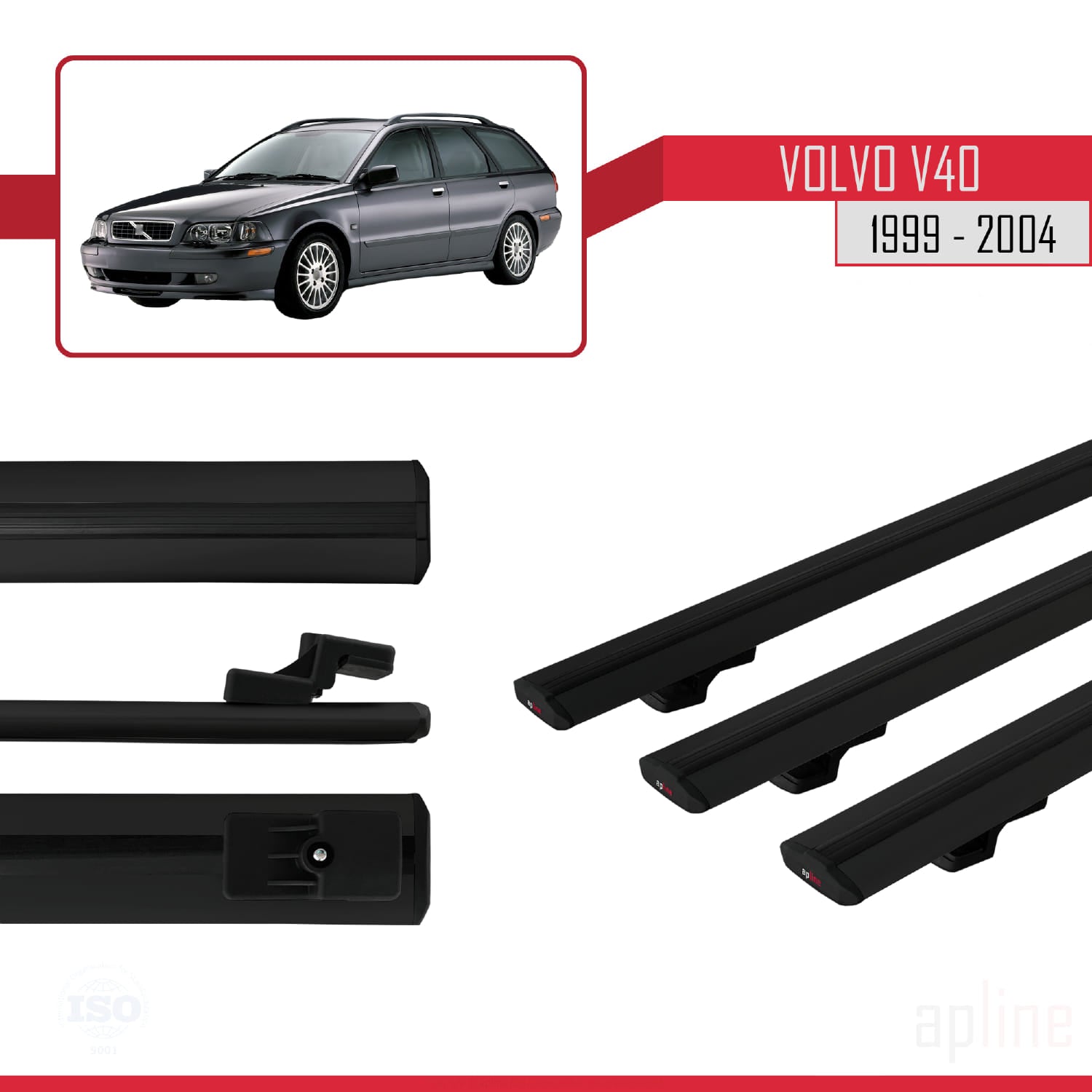 Compatible avec Volvo V40 1999-2004 BASIC Model Barres de Toit Railing Porte-Bagages de Voiture Noir Aluminium 3 Barres