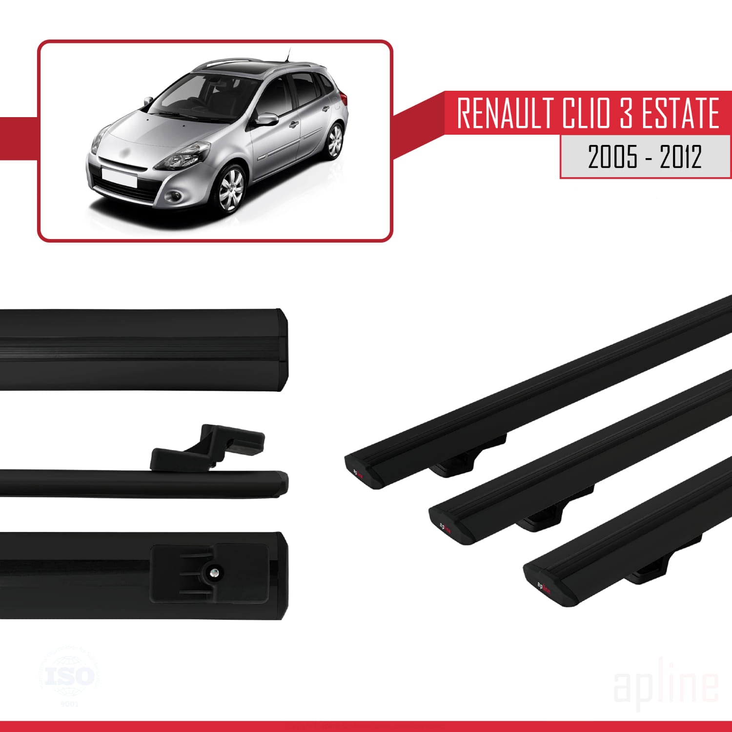 Compatible avec Renault Clio 3 Estate 2005-2012 BASIC Model Barres de Toit Railing Porte-Bagages de Voiture Noir Aluminium 3 Barres
