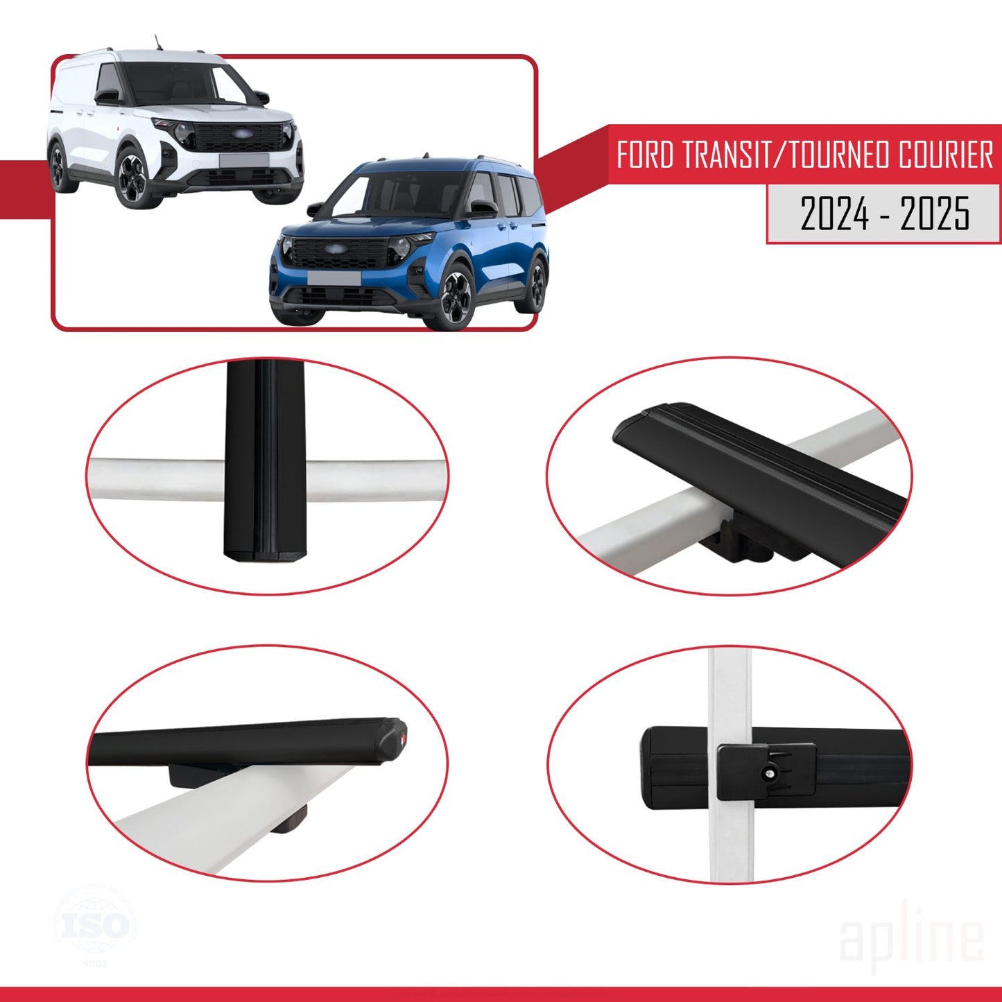 Compatible with Ford Transit/Tourneo Courier 2024-2025 BASIC Model Car Roof Rack Cross Bar Black Aluminium 3 Bars
