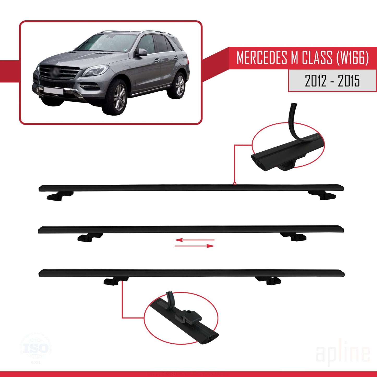 Kompatibel mit Mercedes M Class 3 (W166) Pre-Facelift 2012-2015 BASIC Model Relingträger Dachträger Auto Gepäckträger Schwarz Aluminium 2 Stangen