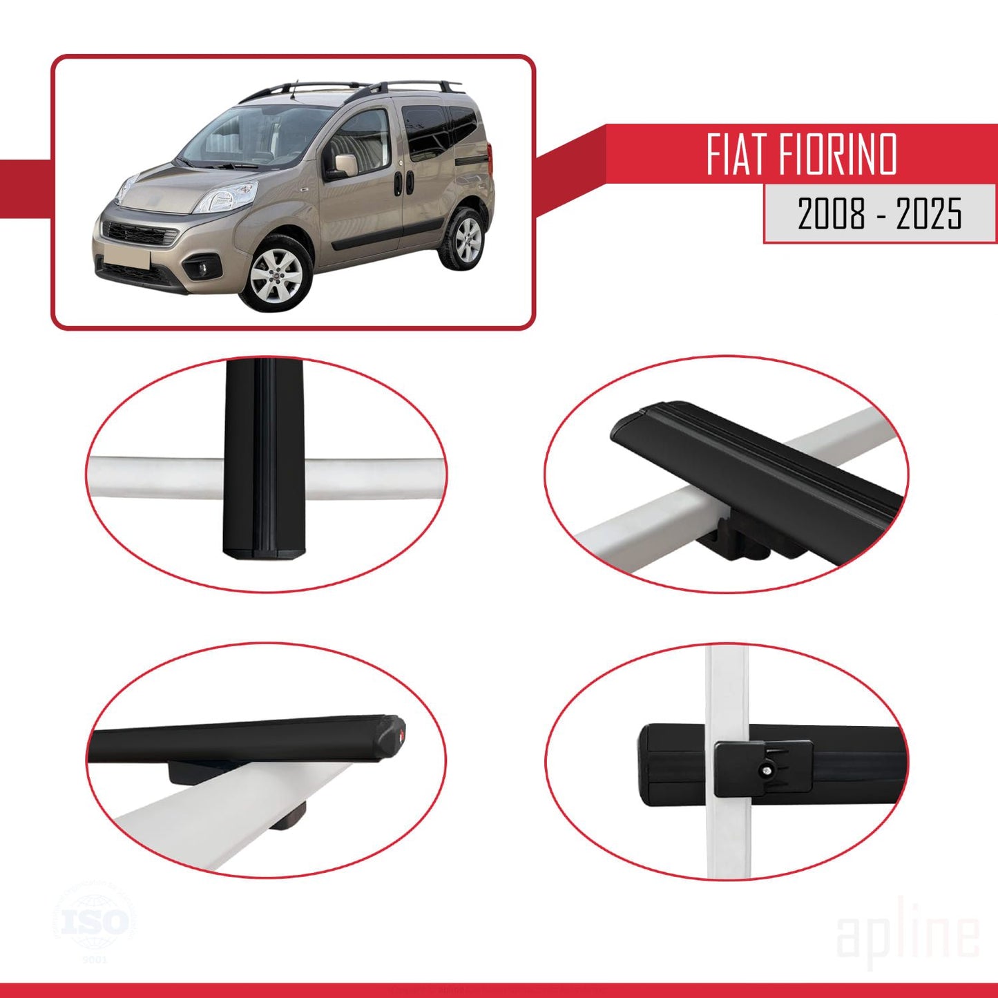 Kompatibel mit Fiat Fiorino (Rohrrahmenmodell) 2008-2025 Basismodell Dachgepäckträger Gepäckträger Schwarz Aluminium 3 Stangen