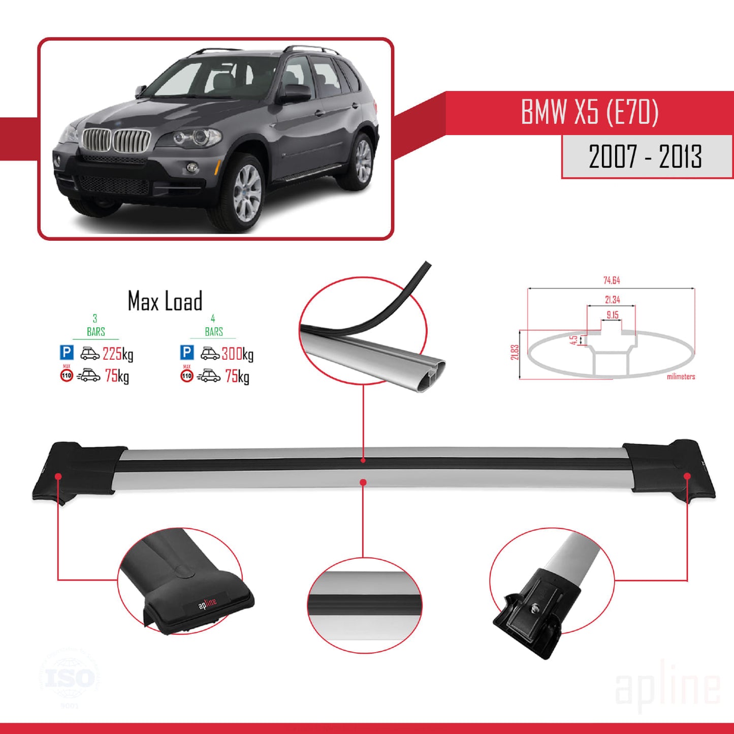 Kompatibel mit BMW X5 (E70) 2007-2013 FLY Modell Dachgepäckträger, graues Aluminium, 3-teilig