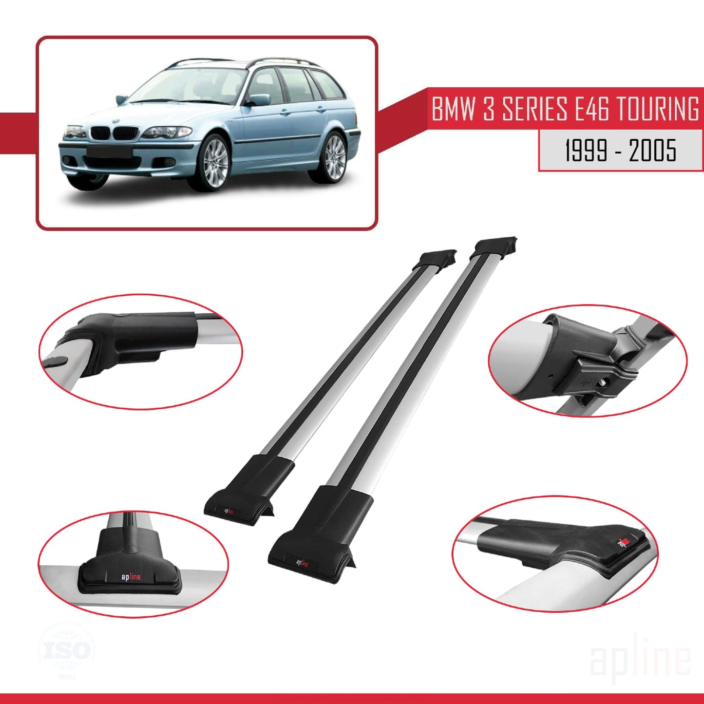Kompatibel mit BMW 3er (E46) Touring 1999-2005 FLY Modell Dachgepäckträger, graues Aluminium, 2 Stangen
