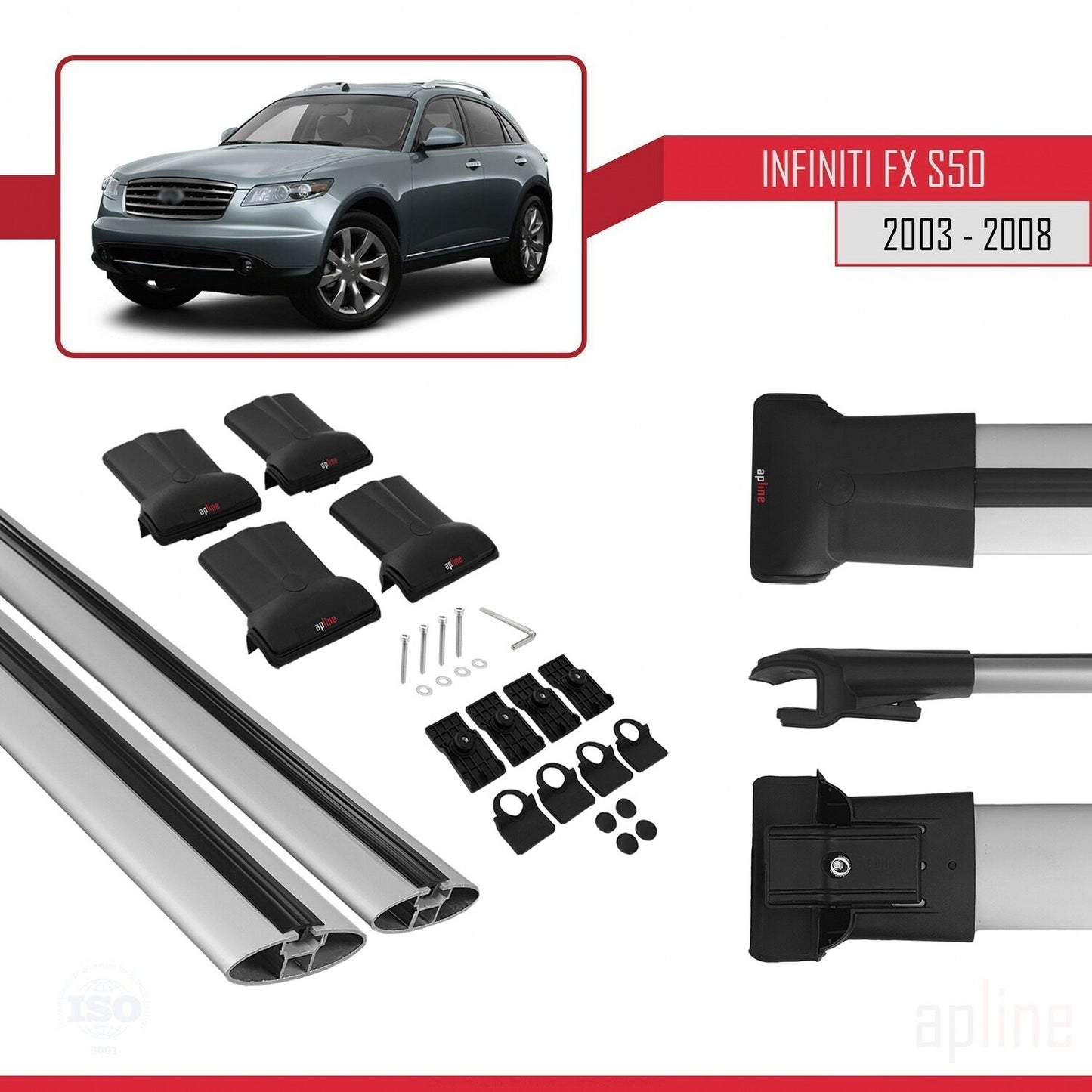 Compatible avec Infiniti FX (S50) 2003-2008 FLY Model Barres de Toit Railing Porte-Bagages de Voiture Gris Aluminium 2 Barres