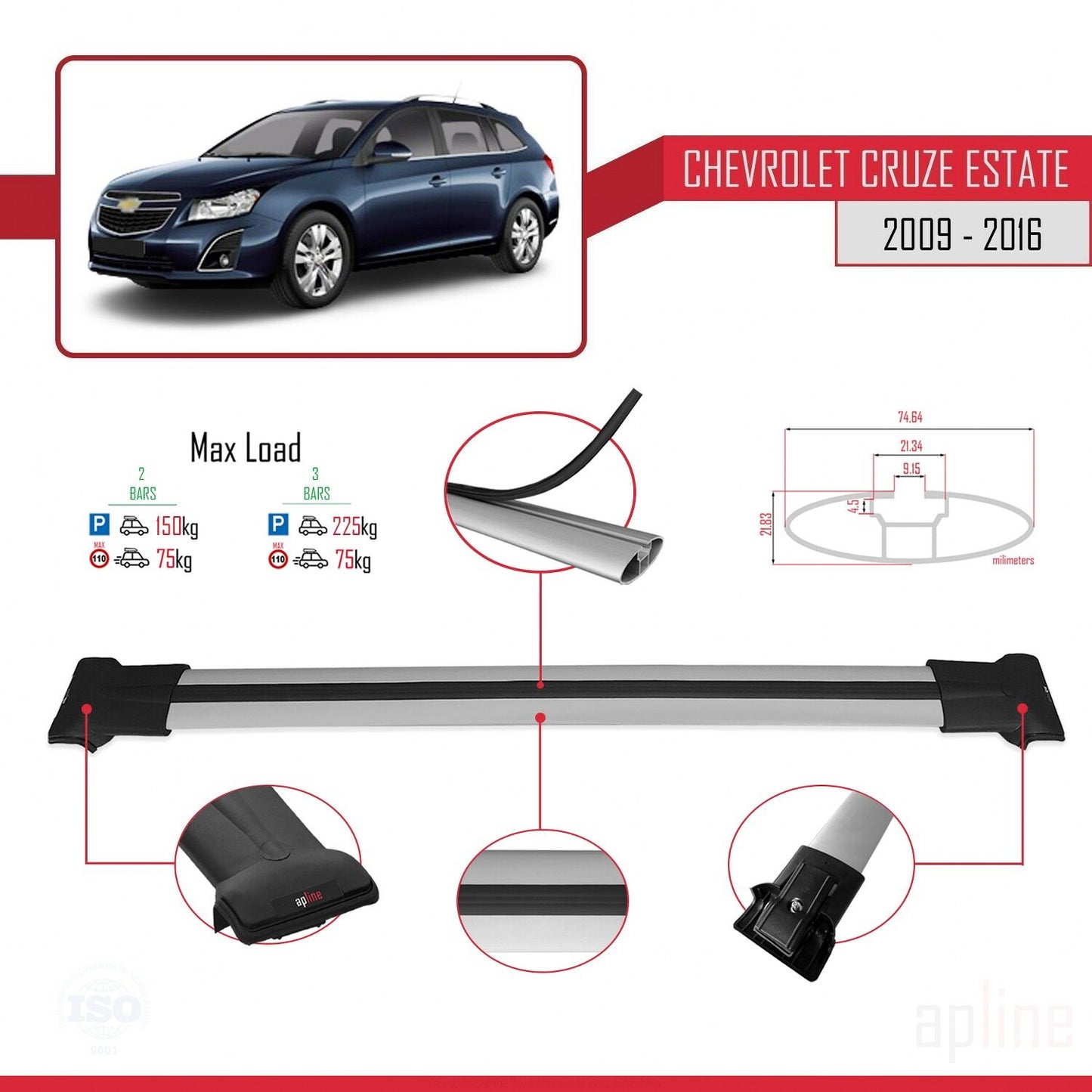 Kompatibel mit Chevrolet Cruze (J300) 2009-2016 FLY Modell Dachgepäckträger, graues Aluminium, 2 Stangen