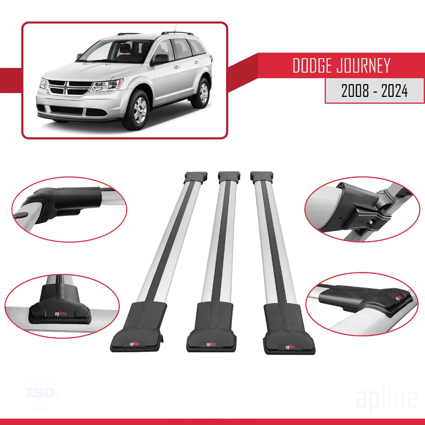 Kompatibel mit Dodge Journey 2008-2024 FLY Modell Dachgepäckträger, graues Aluminium, 3 Stangen