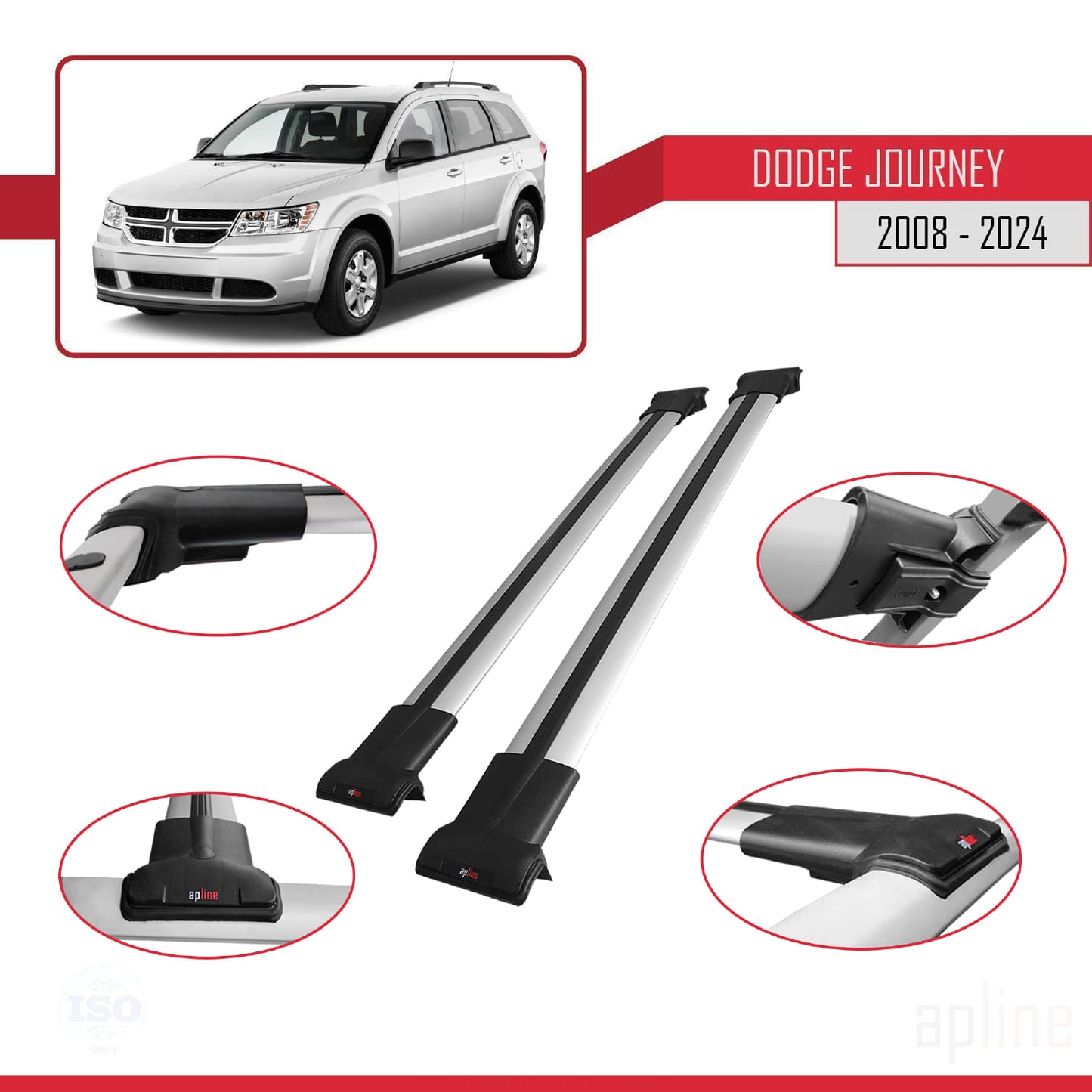 Kompatibel mit Dodge Journey 2008-2024 FLY Modell Dachgepäckträger, graues Aluminium, 2 Stangen