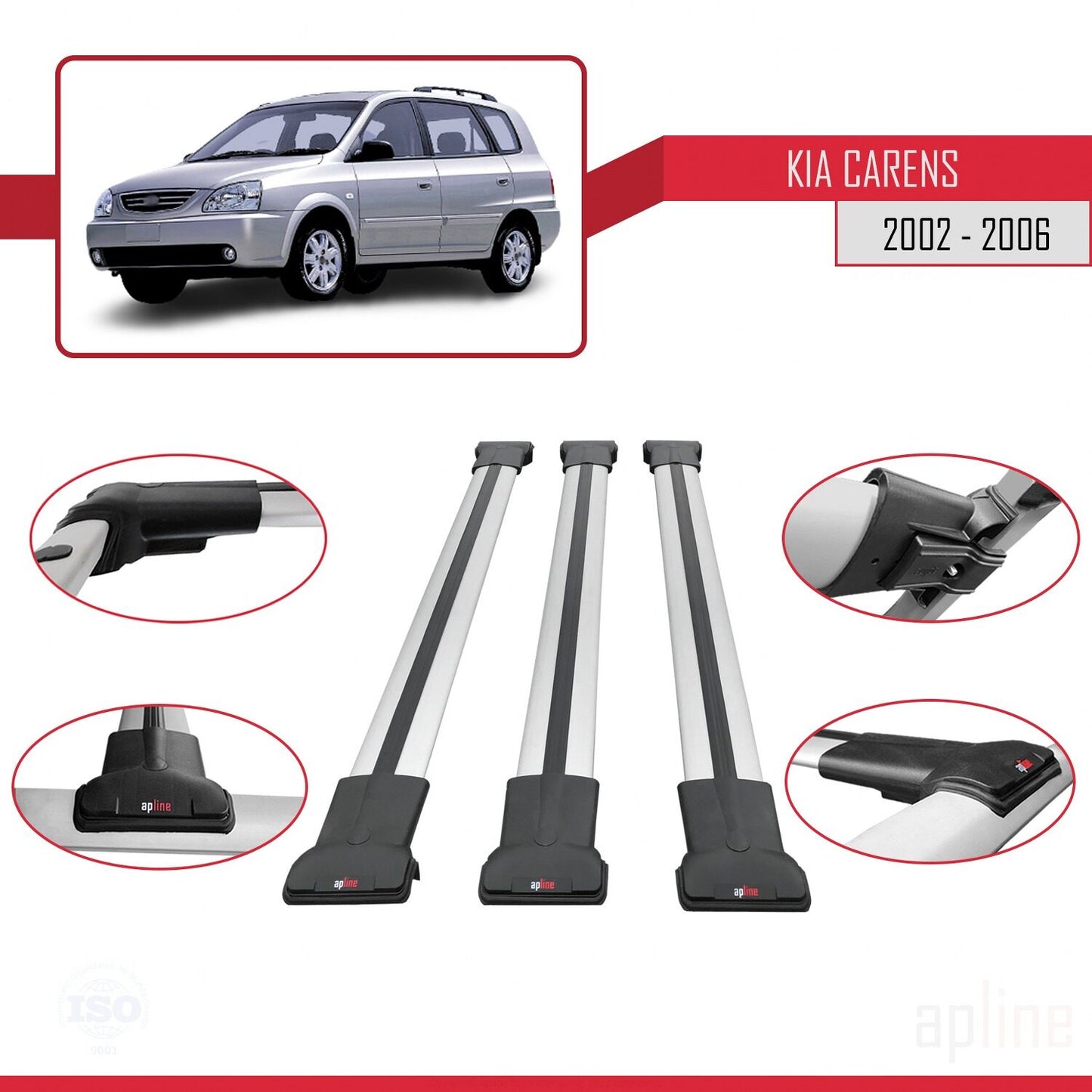 Kompatibel mit Kia Carens Post-Facelift 2002-2006 FLY Model Relingträger Dachträger Auto Gepäckträger Grau Aluminium 3 Stangen