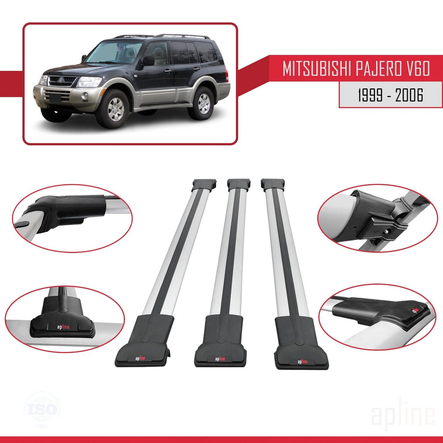 Compatible with Mitsubishi Pajero (V60) 5 Kapı 1999-2006 FLY Model Car Roof Rack Cross Bar Grey Aluminium 3 Bars