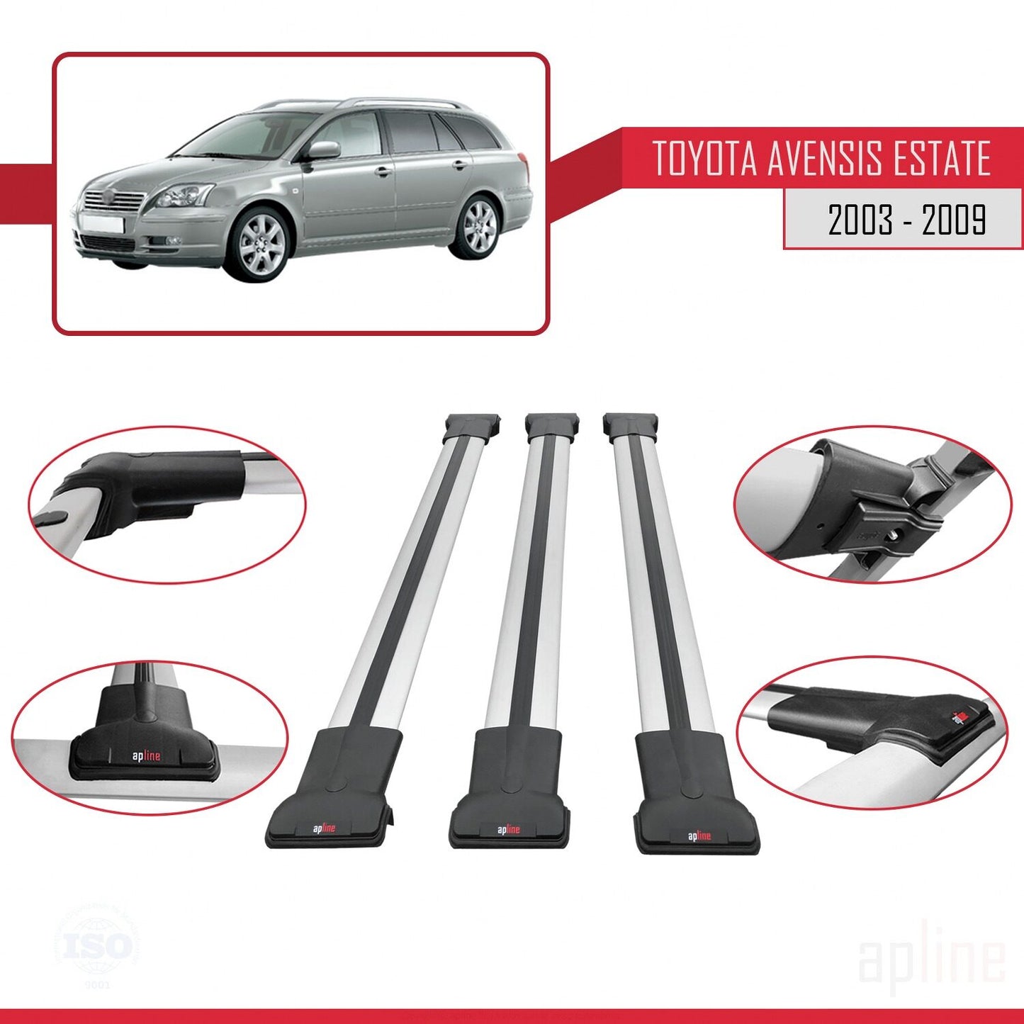 Compatible avec Toyota Avensis Break 2003-2009 FLY Model Barres de Toit Railing Porte-Bagages de Voiture Gris Aluminium 3 Barres