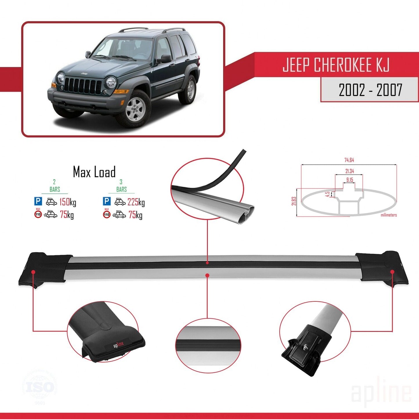 Compatible avec Jeep Cherokee 3 (KJ) 2002-2007 FLY Model Barres de Toit Railing Porte-Bagages de Voiture Gris Aluminium 2 Barres